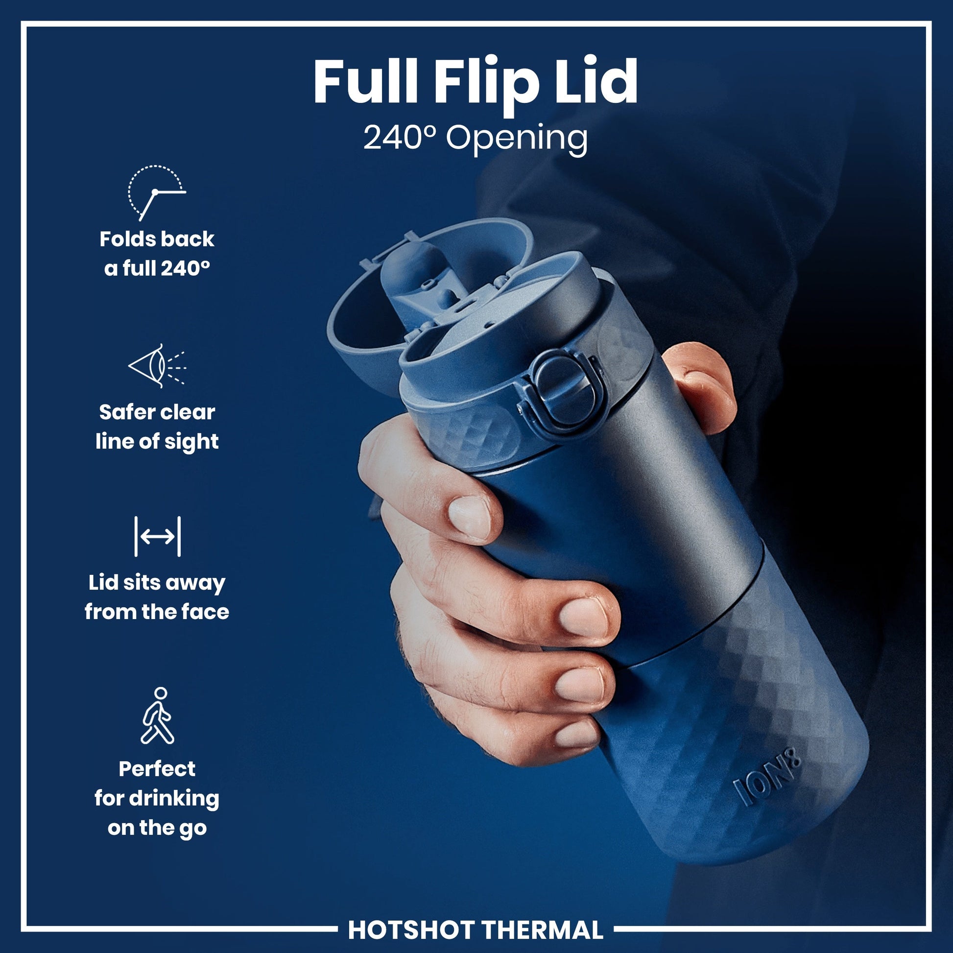 Blue thermos with full flip lid feature on a dark blue background