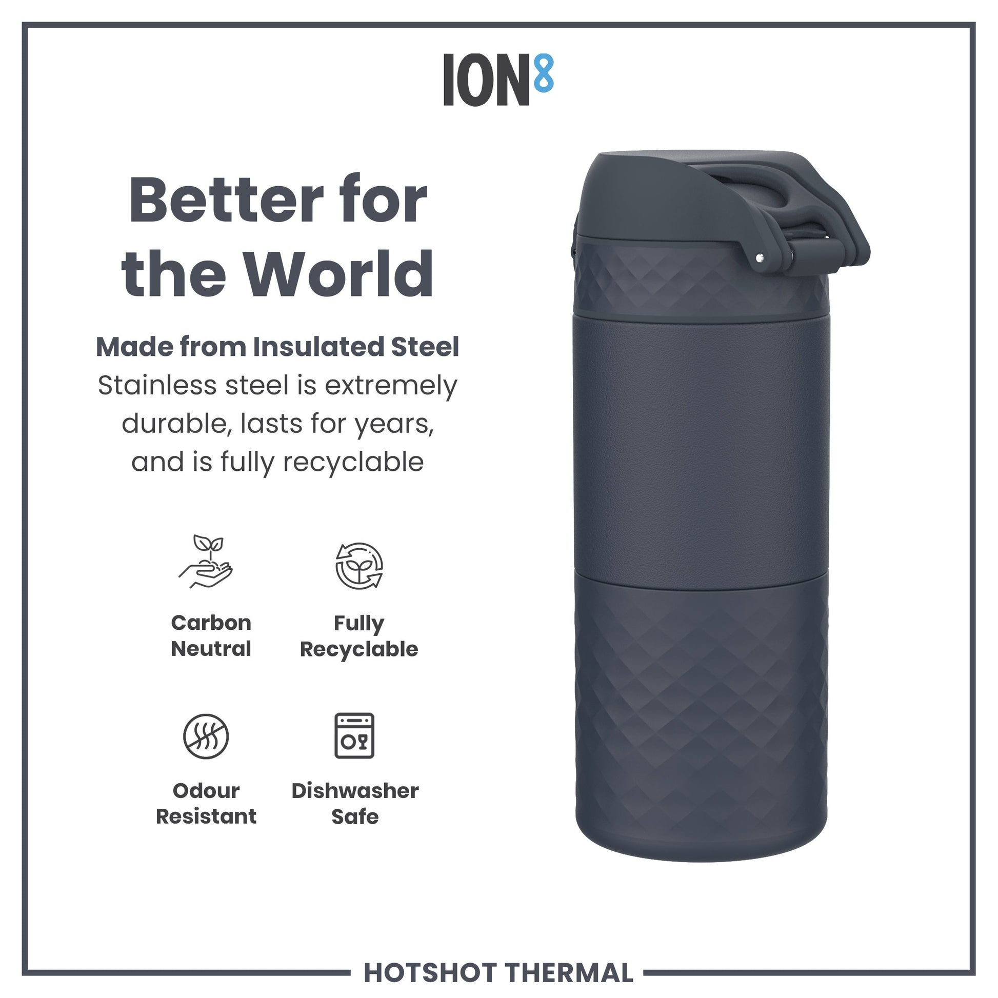 ION8 thermos with features listed on a white background