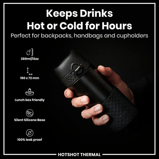 Black thermal mug held by a hand with product features listed on a black background