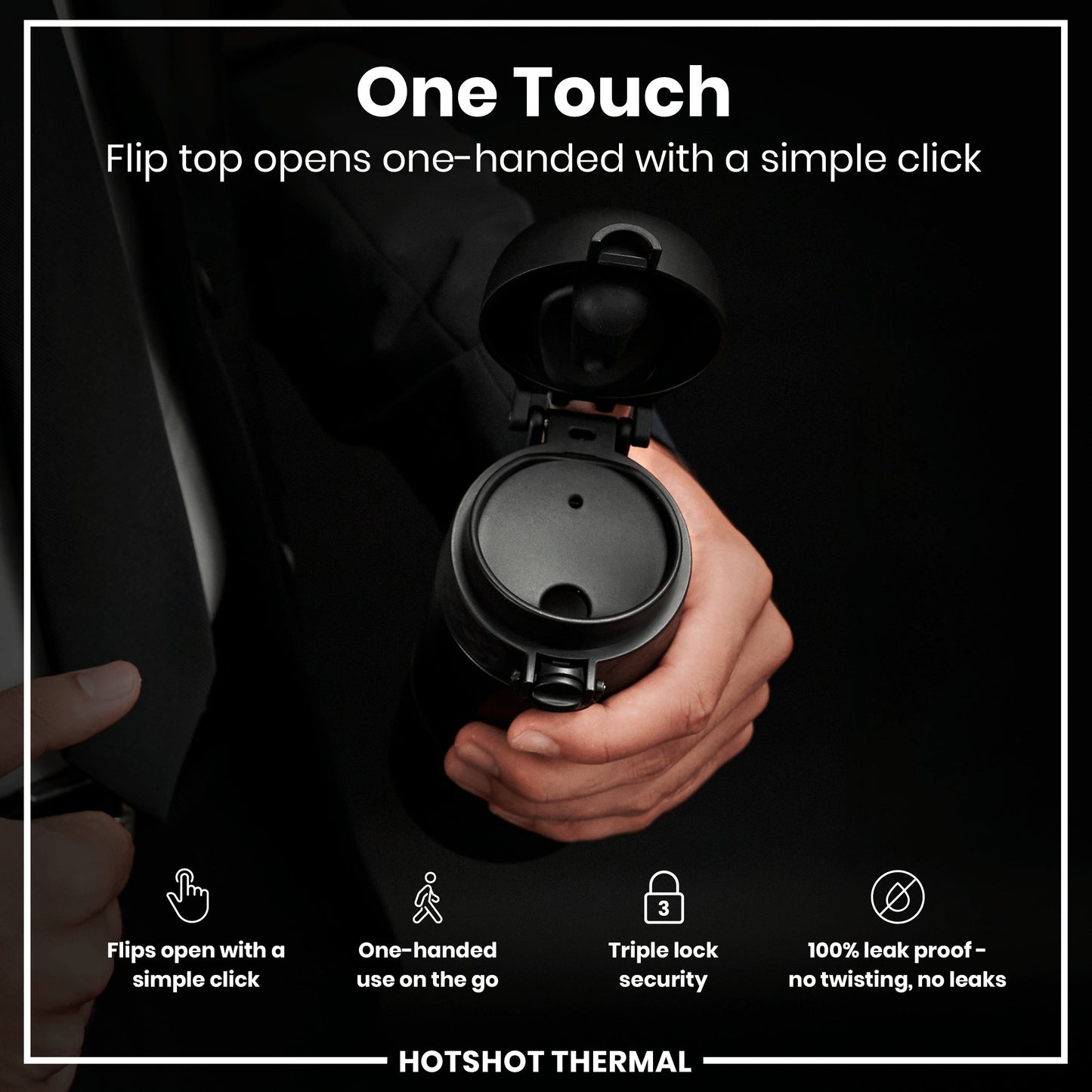 Person holding a black thermos with text highlighting features on a black background
