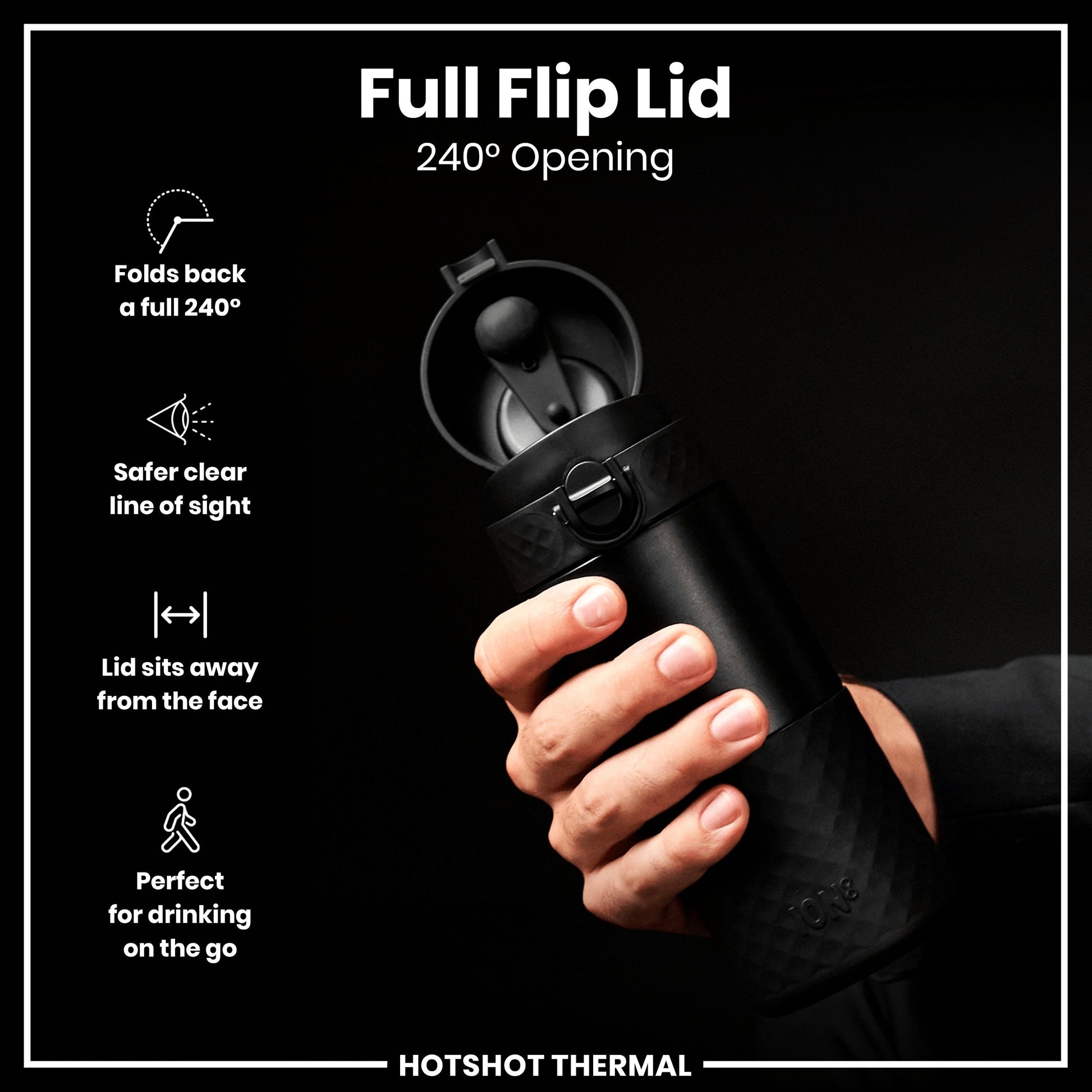 Black thermal mug with full flip lid held by a hand, featuring text and icons on a black background.