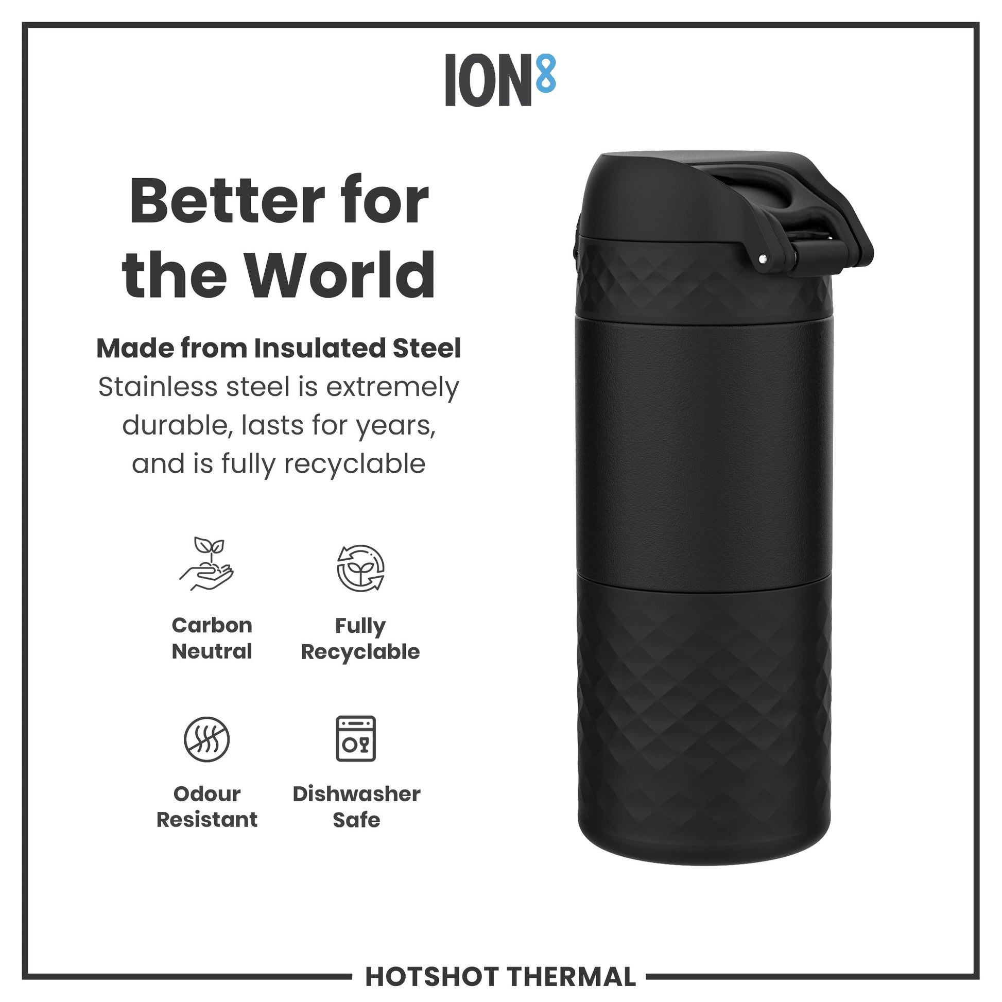 Black insulated steel tumbler with 'ION8' branding and sustainability features on a white background.