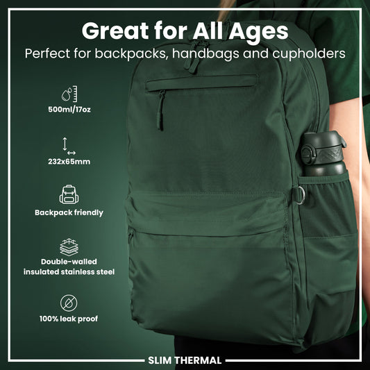 Green backpack with features listed on a green background