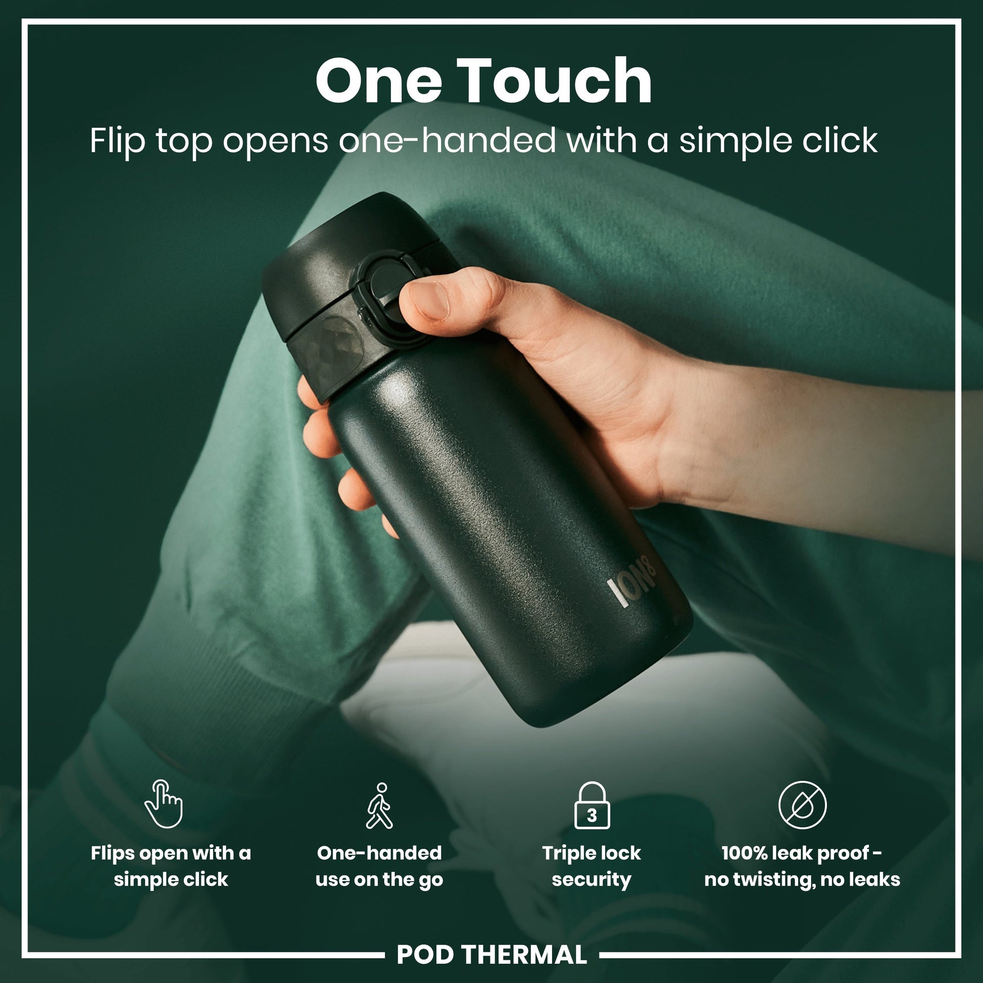 Person holding a black thermos with text highlighting features on a green background