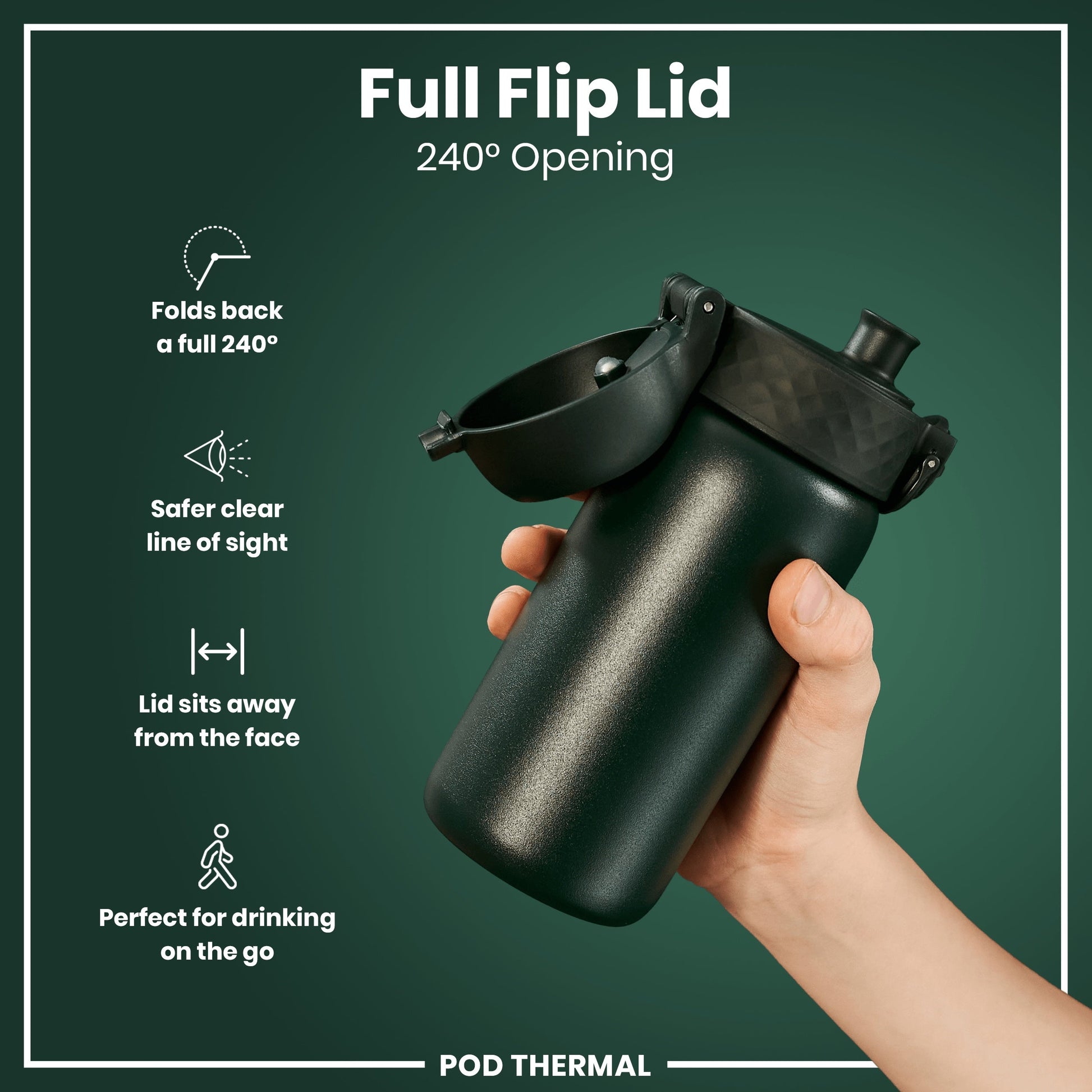Black water bottle with a full flip lid held by a hand on a green background