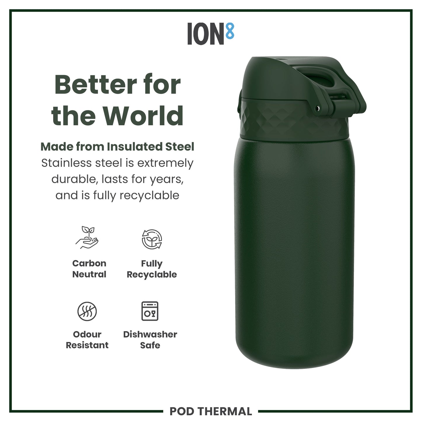 Black insulated steel water bottle with ION8 branding and sustainability features on a white background