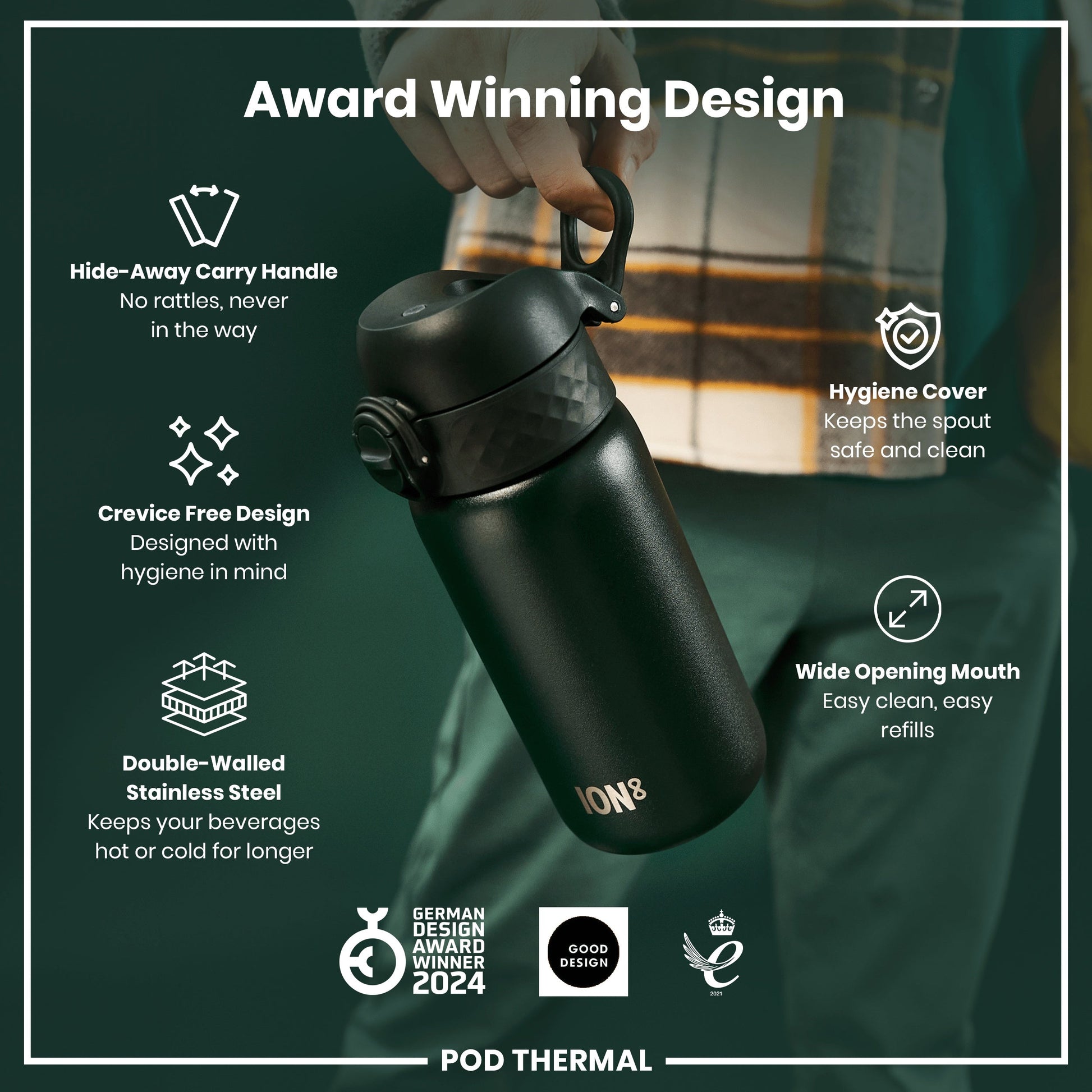 Black thermos with features highlighted on a green background