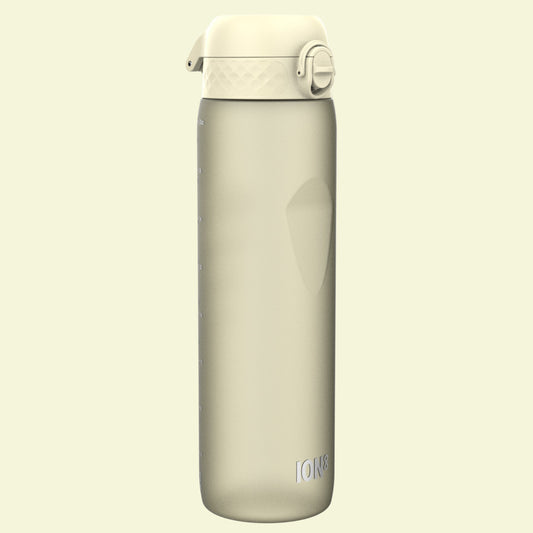 Beige insulated bottle with a white cap on a white background