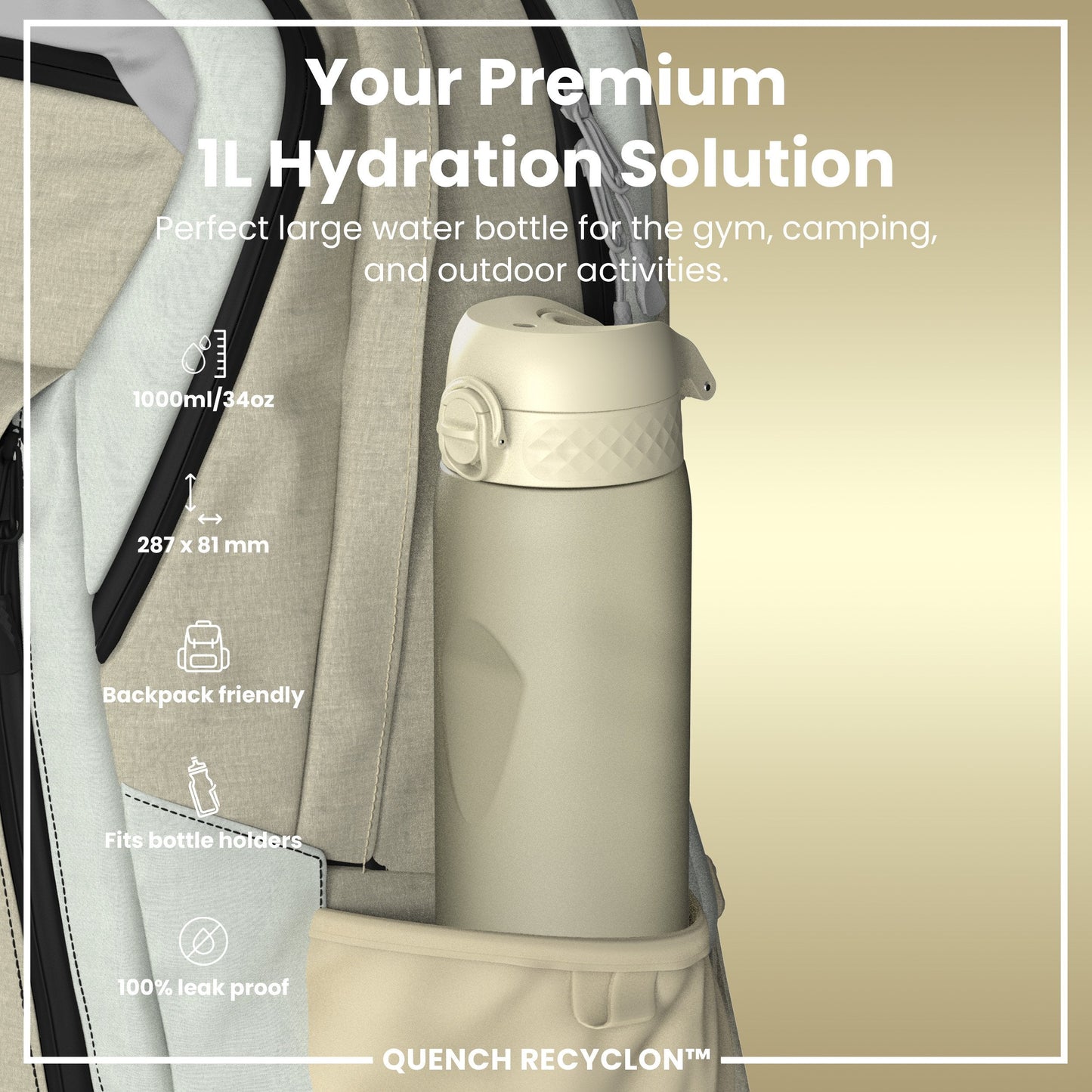 White water bottle with backpack on a beige background, featuring text about its features.