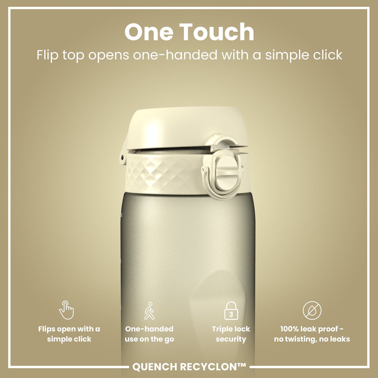 White water bottle with flip top on beige background, featuring text about bottle's features.