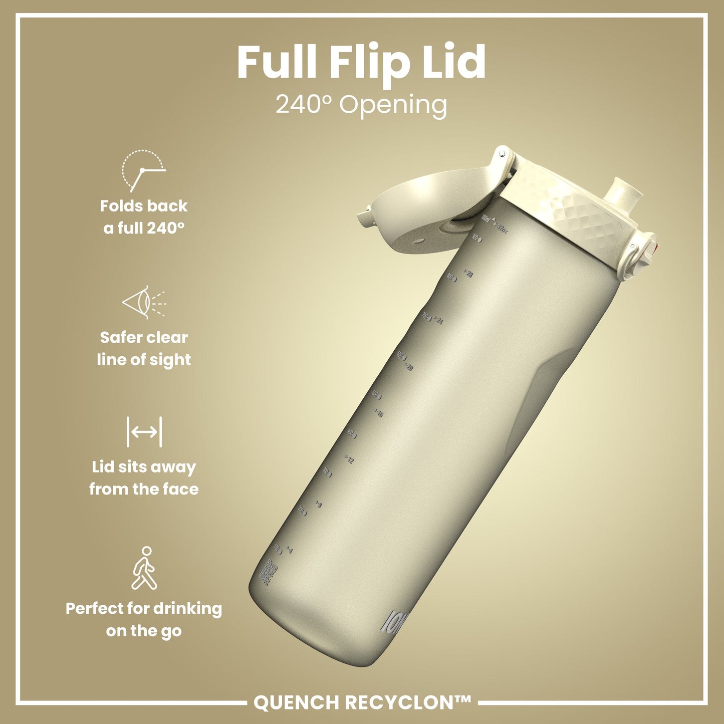 Quench Recyclon water bottle with full flip lid on a beige background