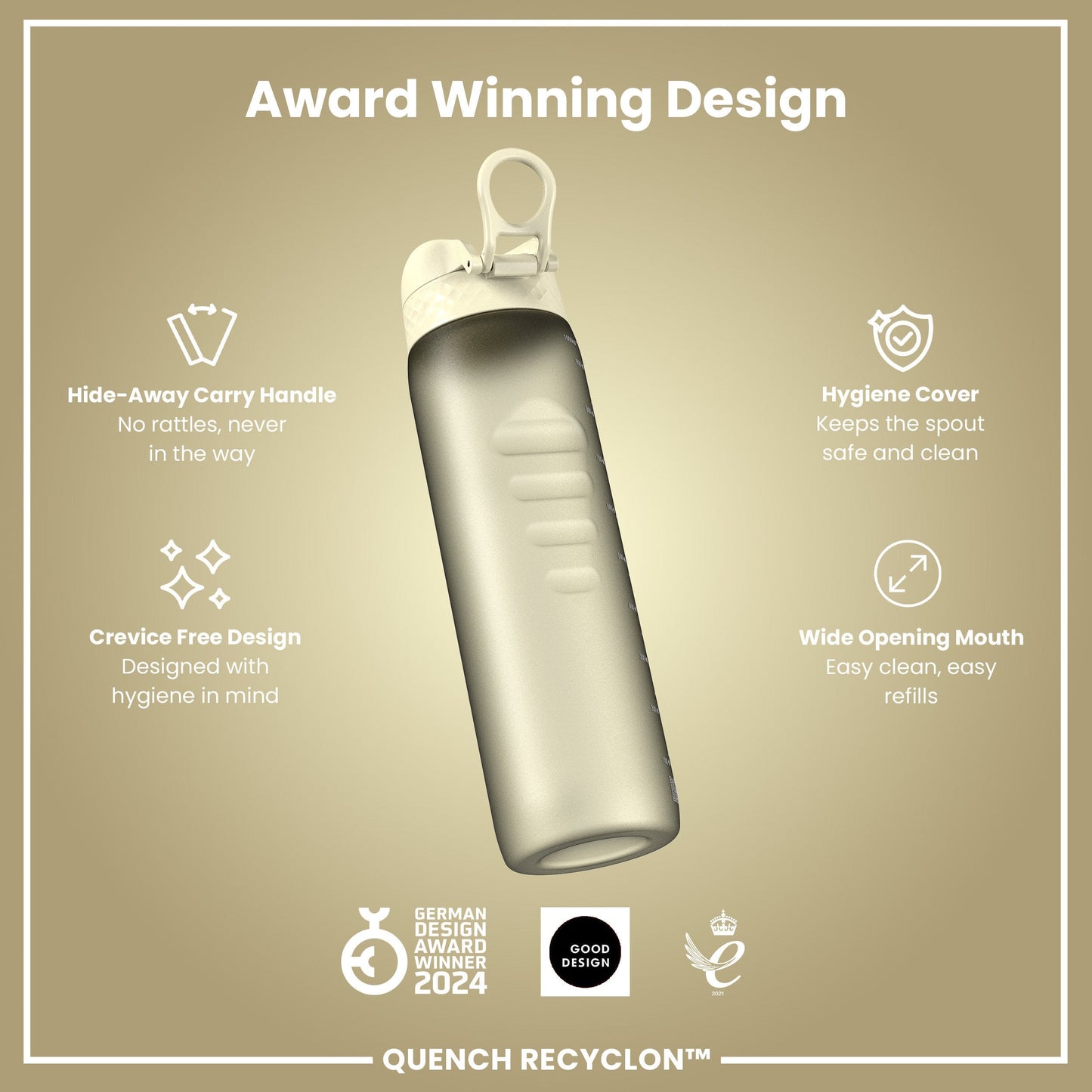 Quench Recyclon water bottle with features listed on a beige background