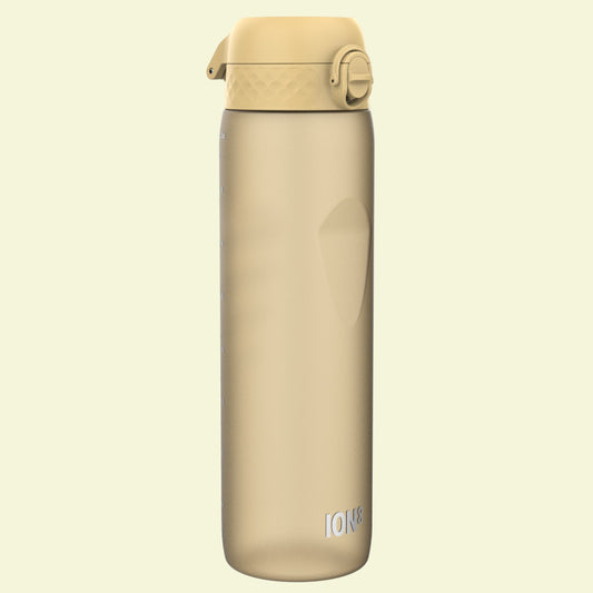 Beige insulated bottle with a lid on a white background