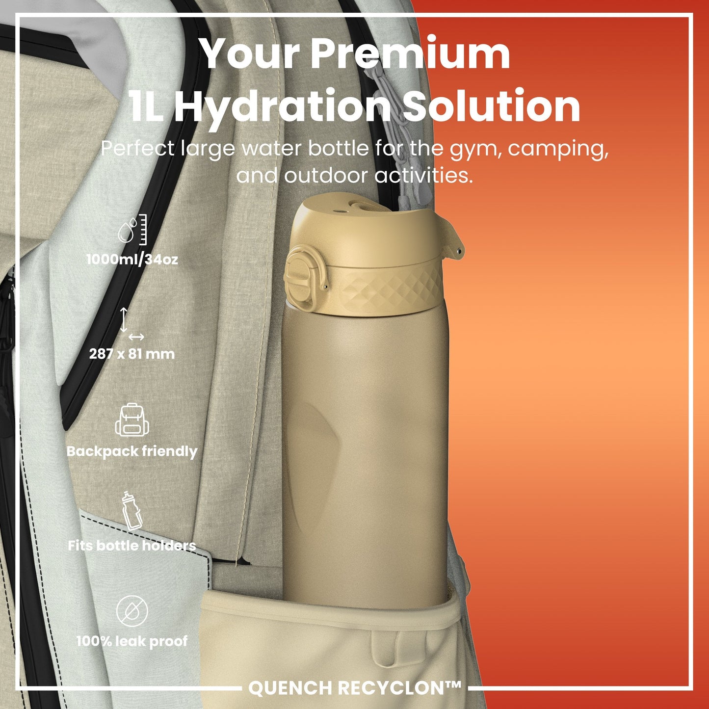 Beige water bottle with features listed on an orange background