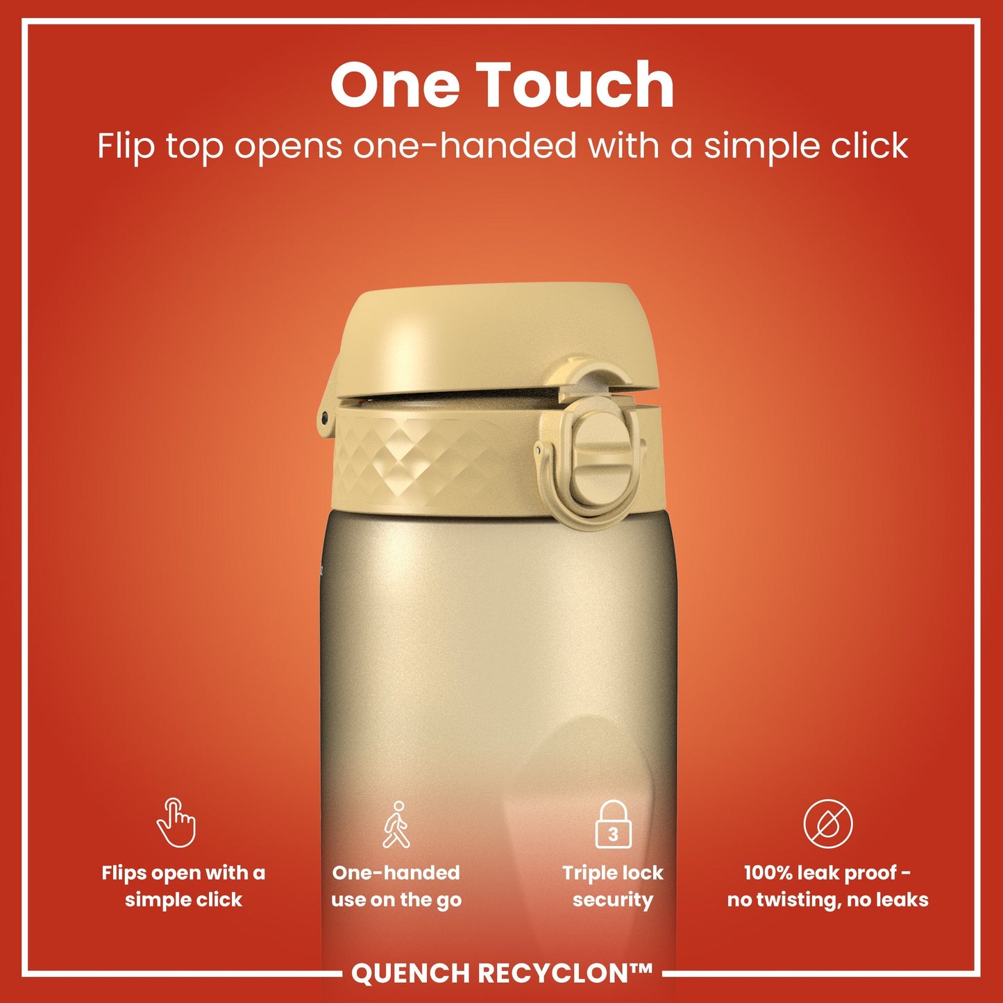 Gold water bottle with flip top on a red background, featuring text about its features.