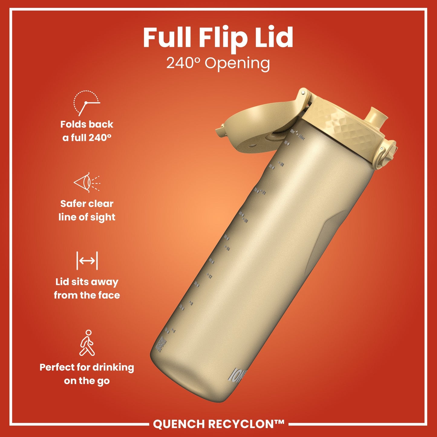 Gold water bottle with full flip lid on a red background