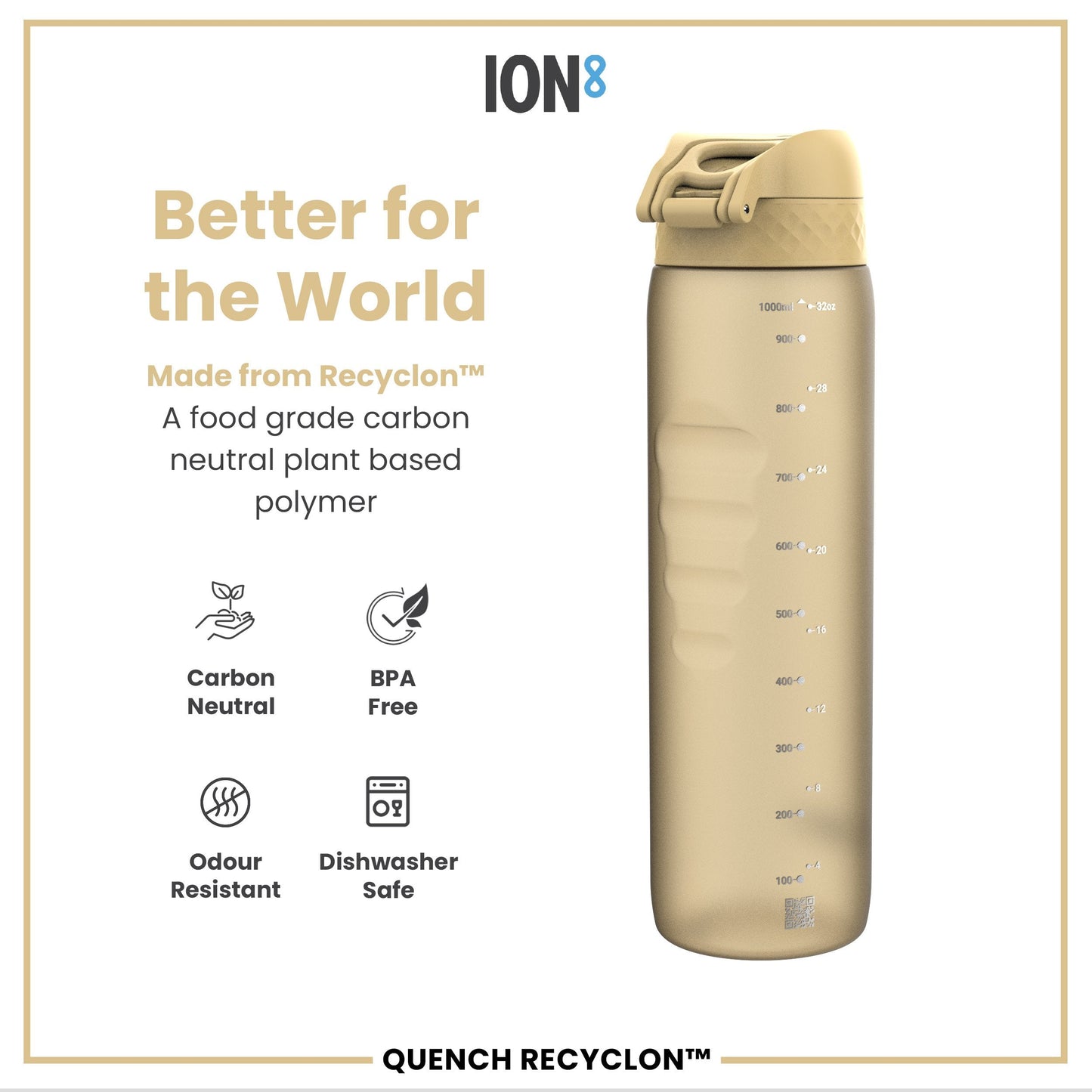 Beige water bottle with 'ION8' branding on a white background