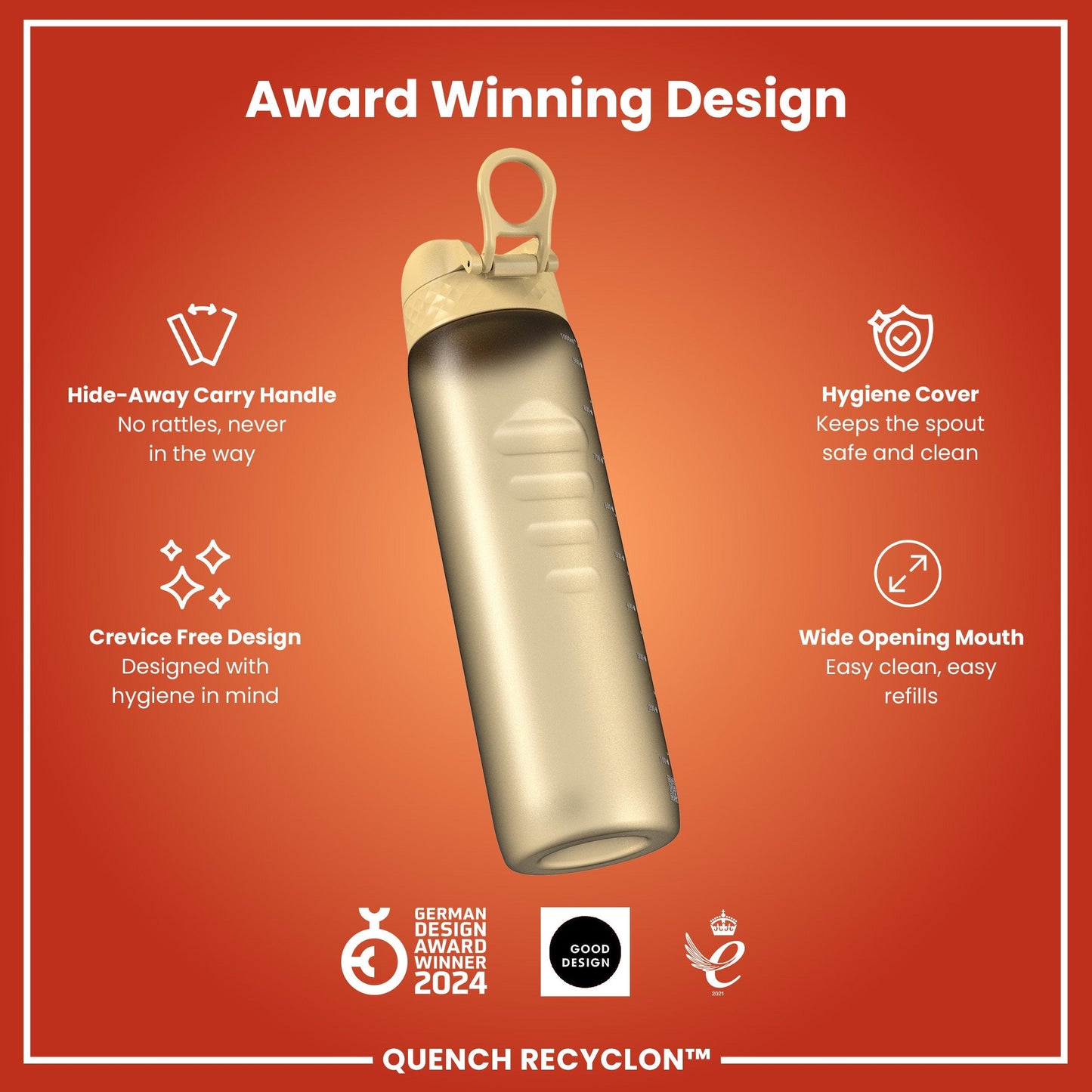 Quench Recyclon water bottle with features on a red background