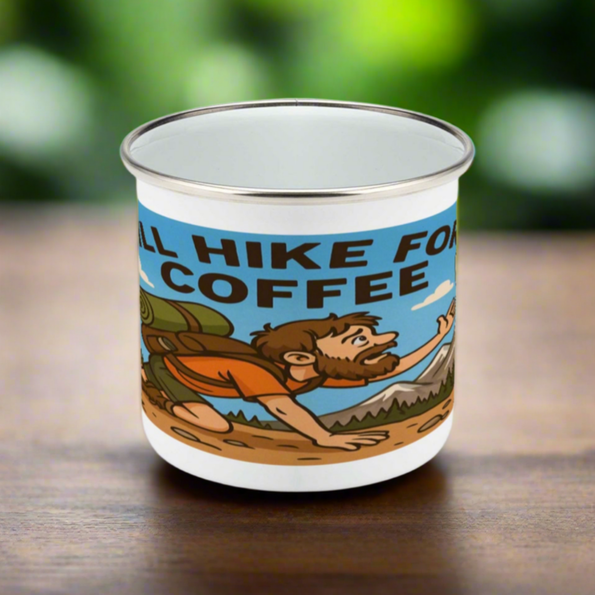 Will Hike for Coffee enamel mug for him - The Obese Hiker