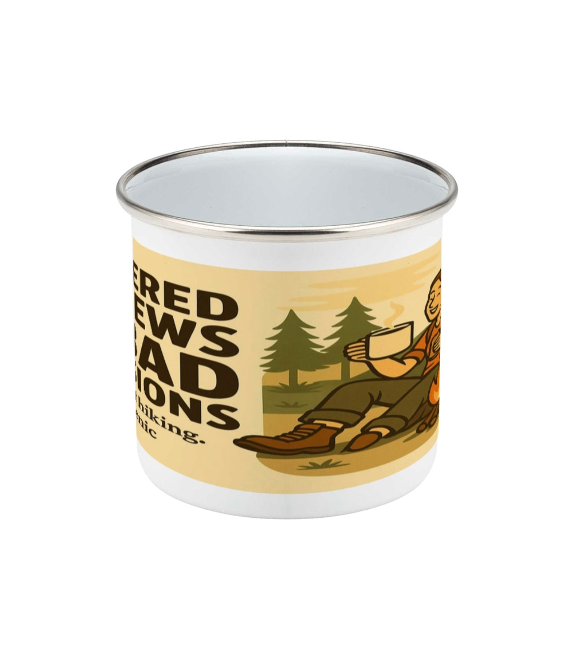Powered by Brews and Bad Decisions - Funny Hiking Gift for Her - Enamel Coffee Cup for Outdoor Lovers