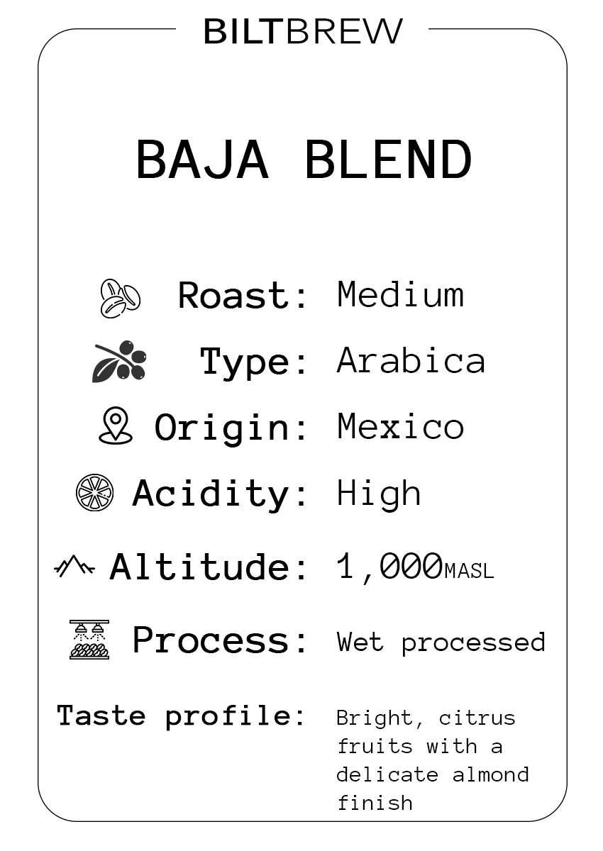 Biltbrew Baja Blend coffee label with roast, type, origin, acidity, altitude, process, and taste profile details.
