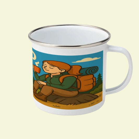 Enamel mug for women who love hiking - funny Brewed for the Wild design