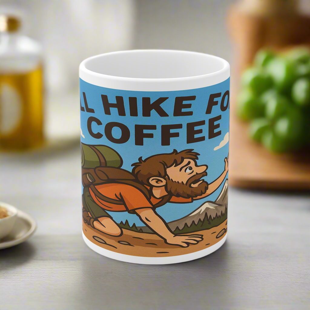 Will Hike for Coffee ceramic mug for him - The Obese Hiker