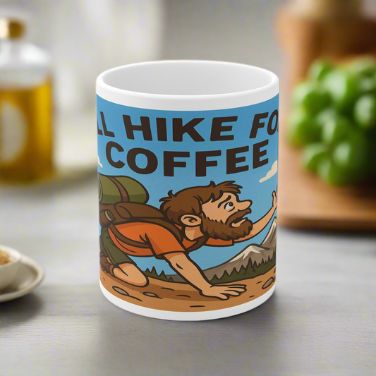 Will Hike for Coffee ceramic mug for him - The Obese Hiker