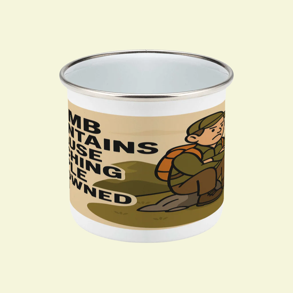 Humorous enamel mug for hikers, showing off sarcastic quote about avoiding violence by climbing mountains.