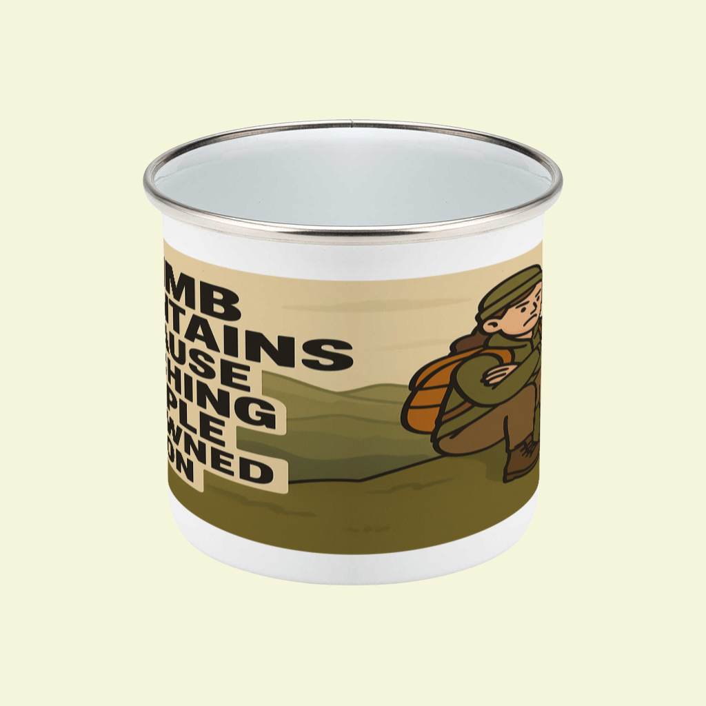 Centre view of enamel mug, humorous hiking design for UK outdoors