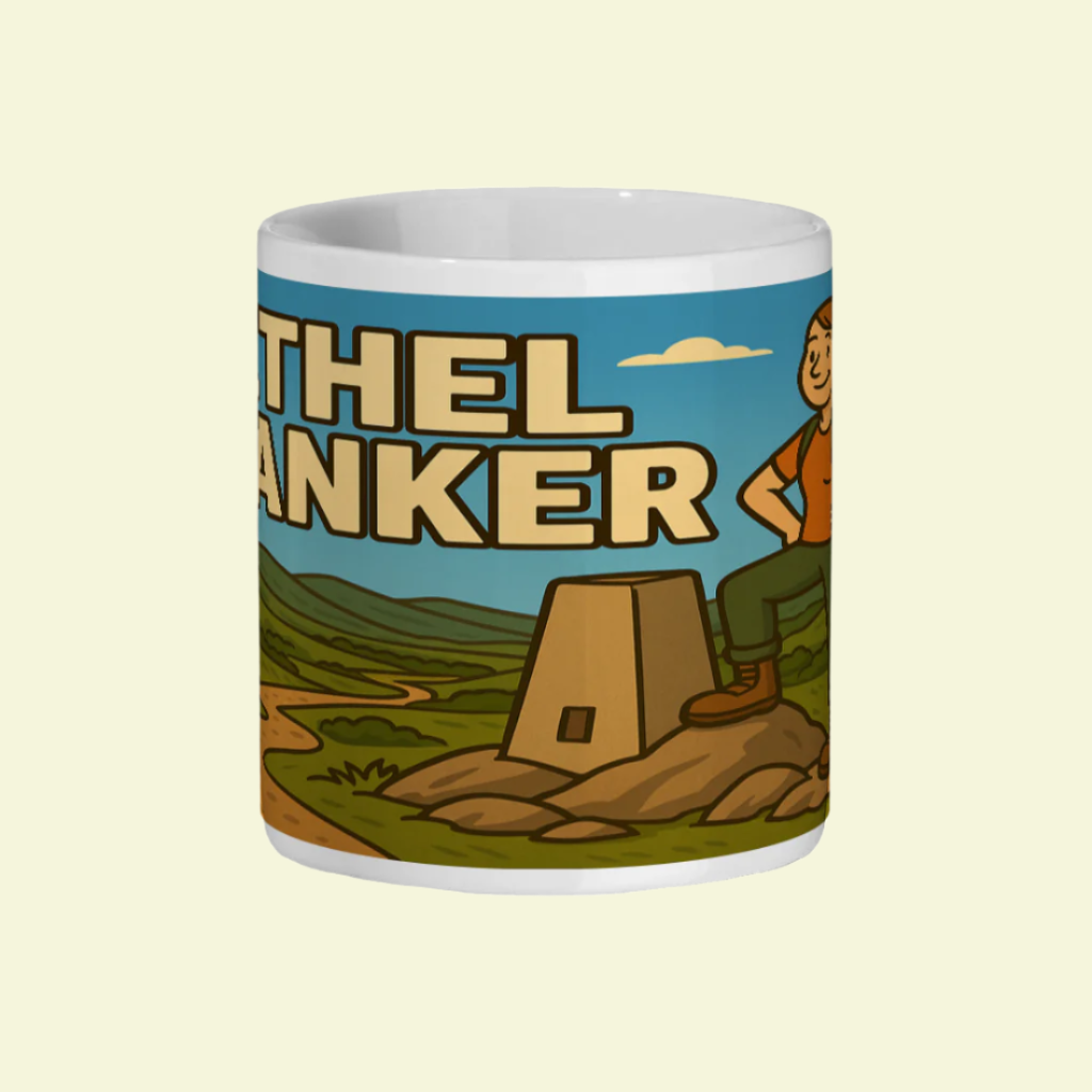 Mug with 'Ethel Banker' design featuring a landscape and person on a white background