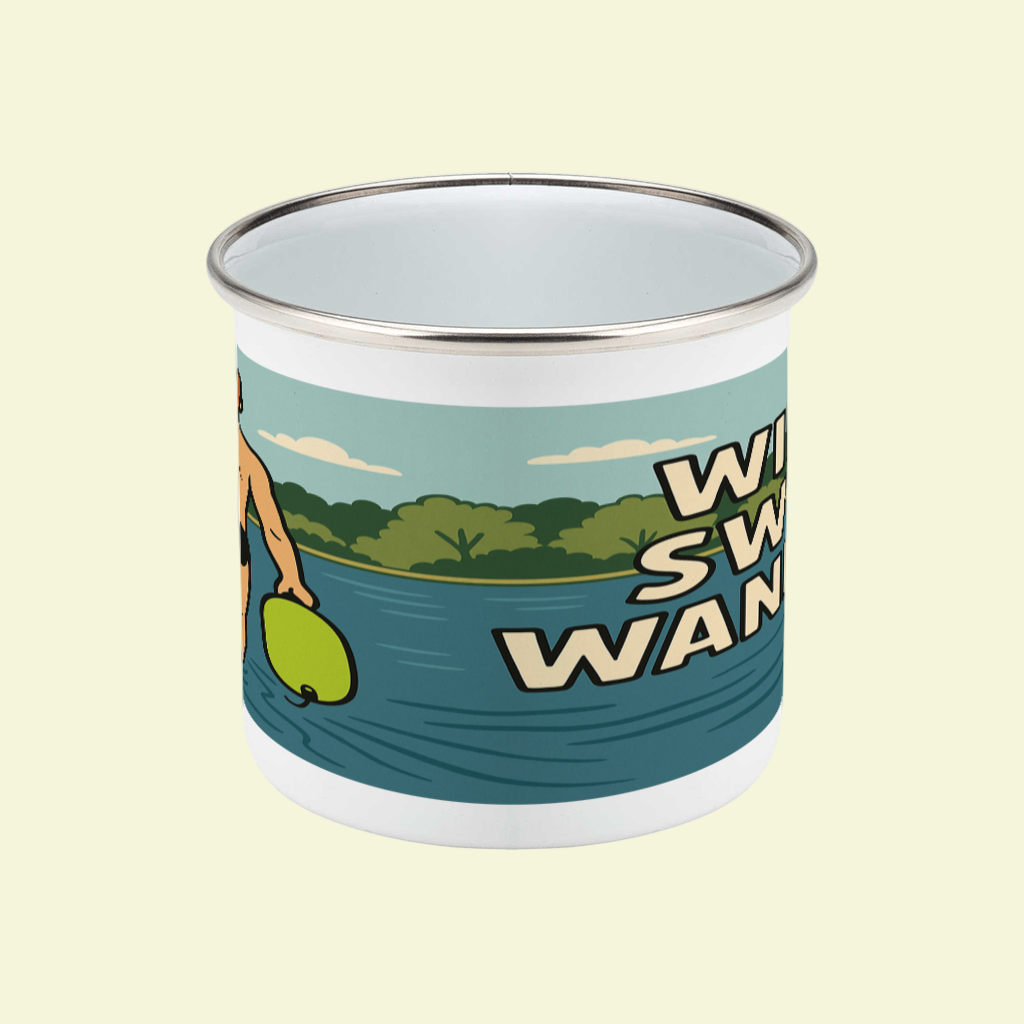 Enamel mug with scenic design and text on a white background