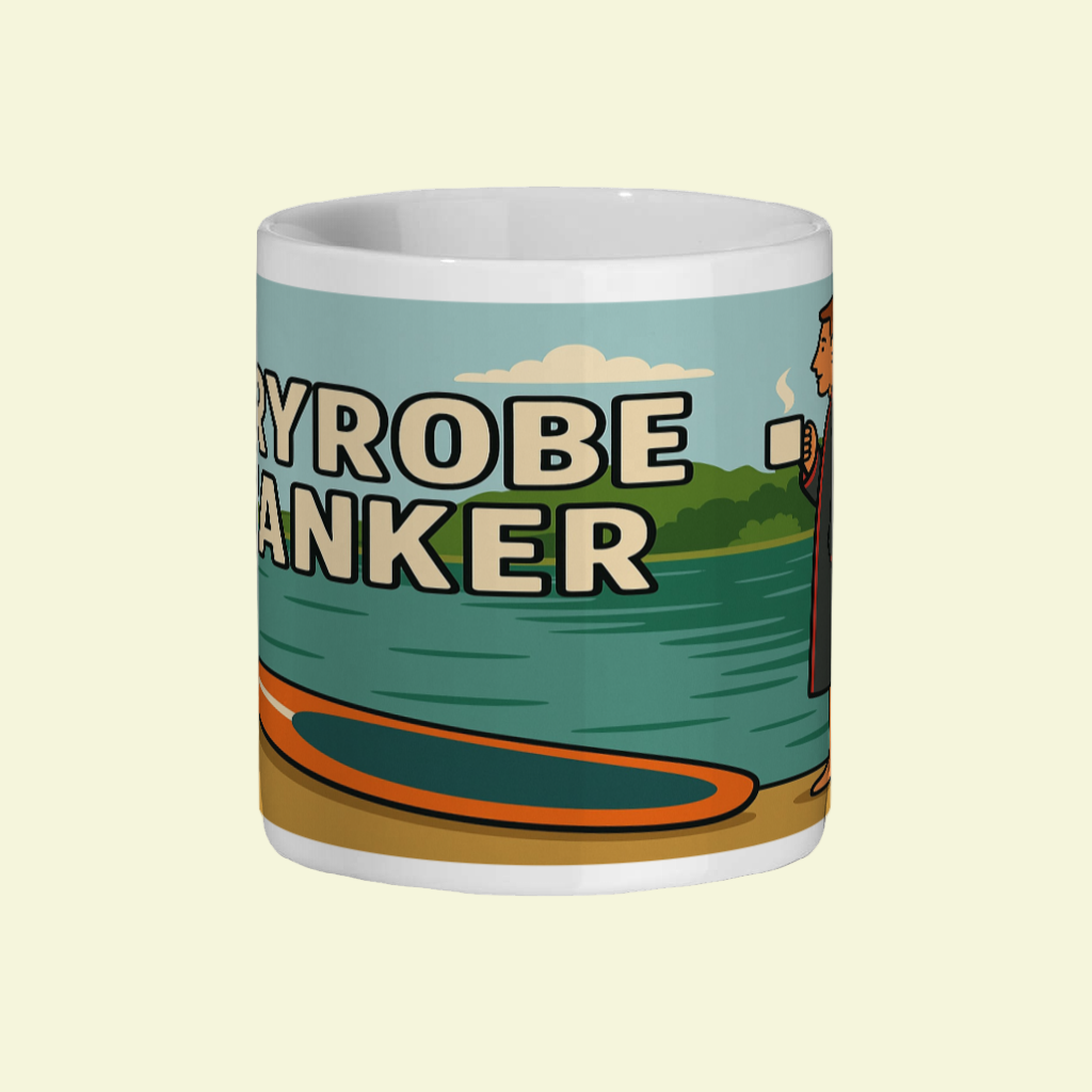 Mug with 'dryrobe wanker' design on a white background