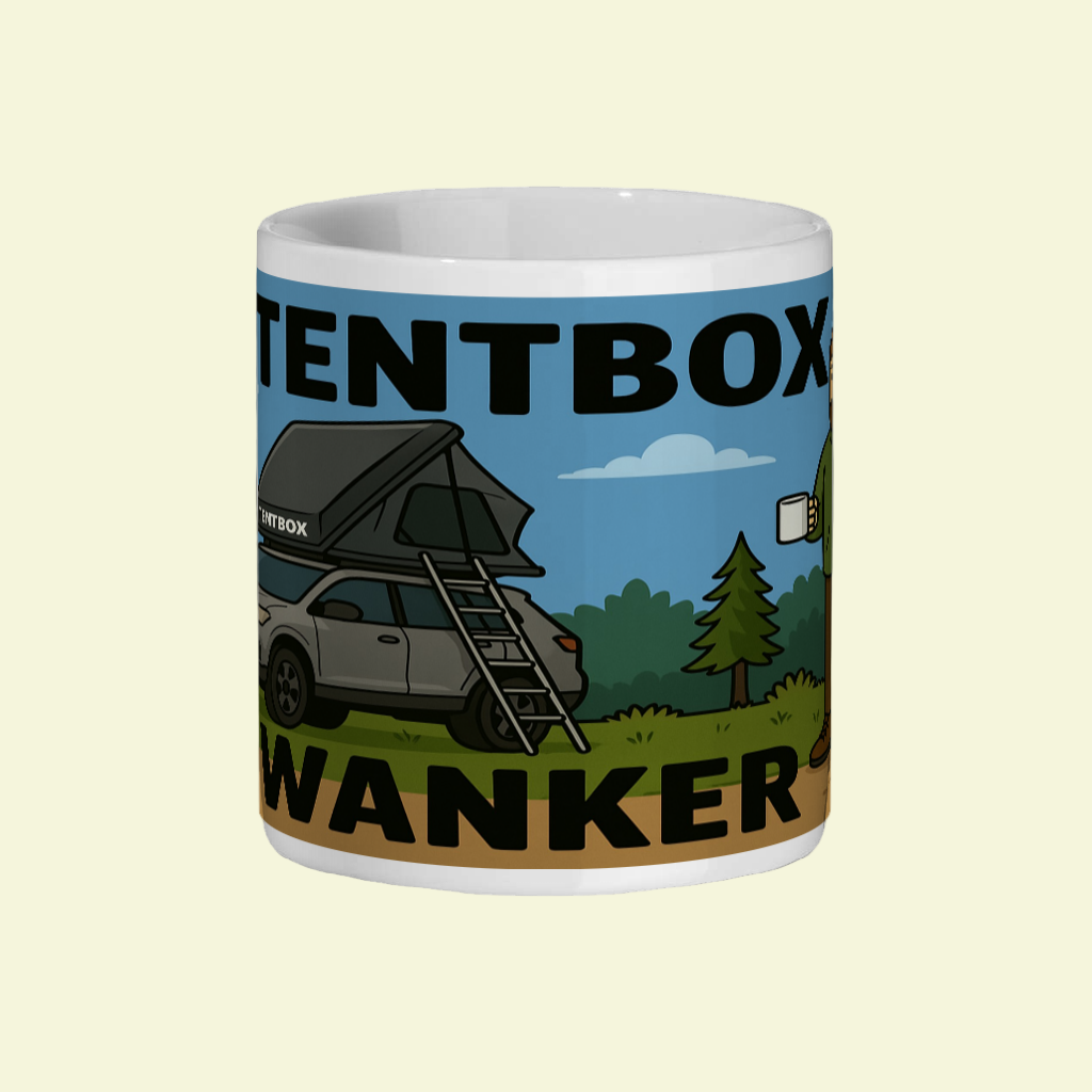 Mug with a graphic of a car with a tent on top and text 'TENTBOX WANKER' on a blue background.