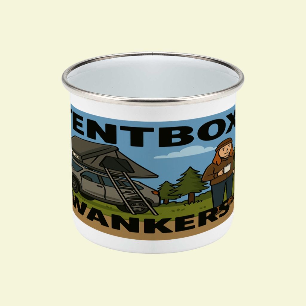 Enamel mug with camping design and text on a white background