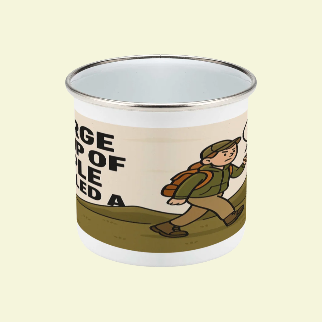 Lightweight enamel cup on wooden bench for her