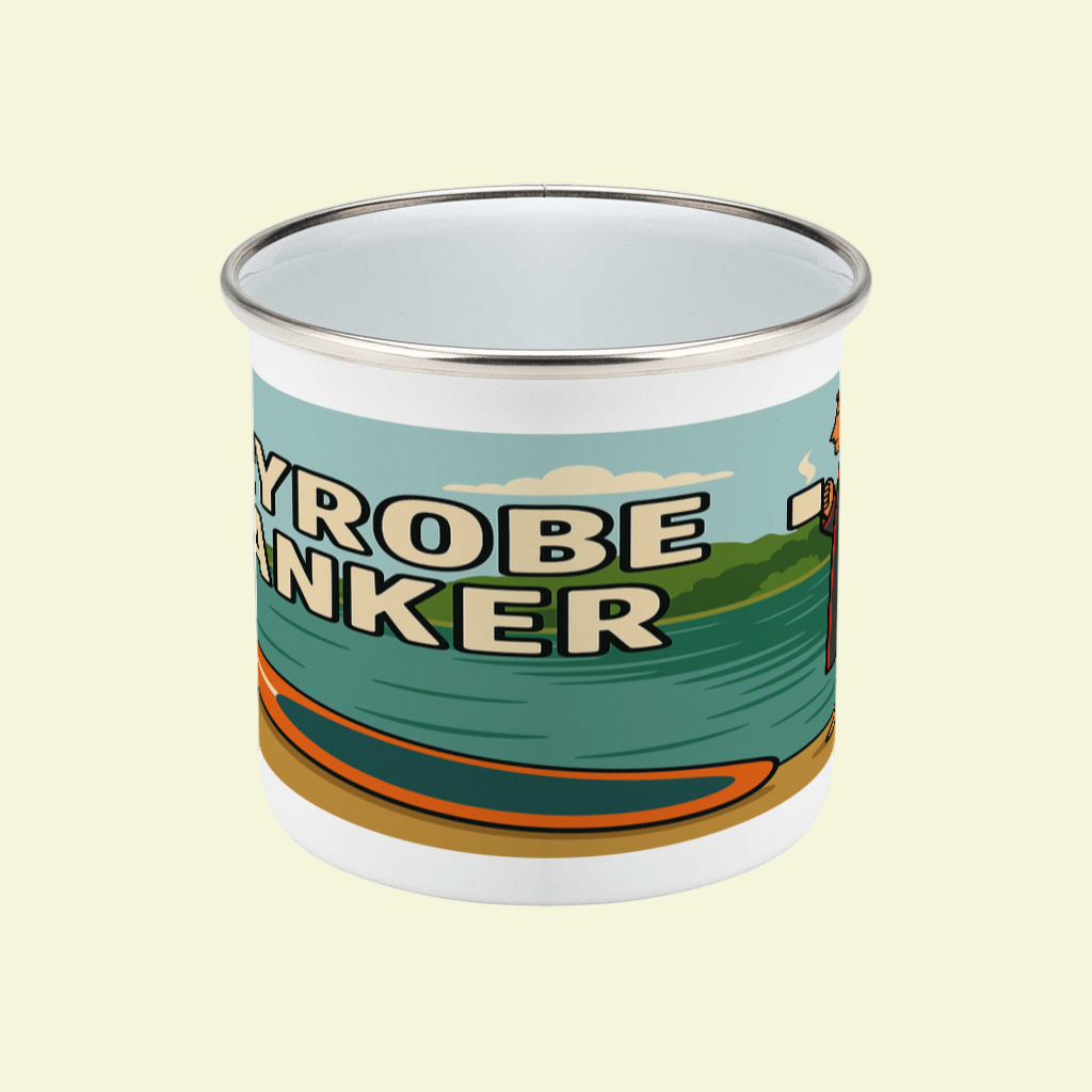 Enamel mug with 'Dryrobe Wanker' text and design on a white background