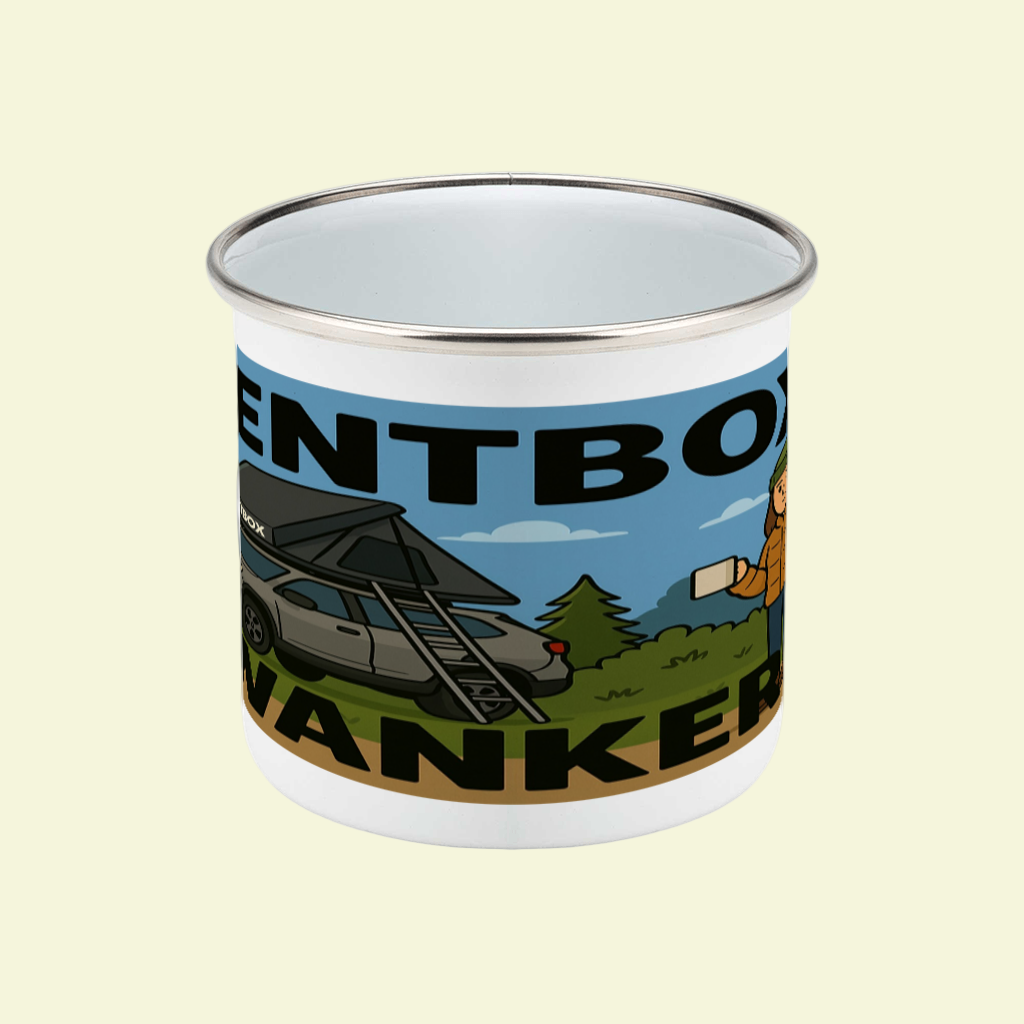 Enamel mug with camping design and text on a white background