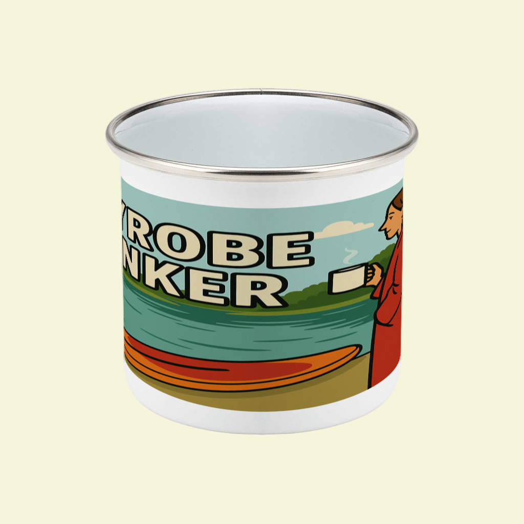 Enamel mug with dryrobe design on a white background
