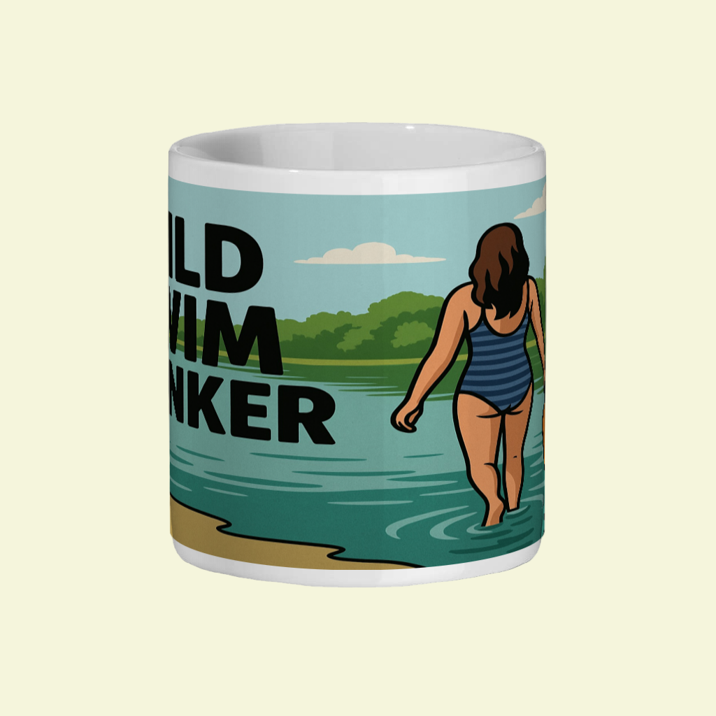 Mug with a graphic of a person in a swimsuit by a lake and text 'WILD SWIM WANKER'