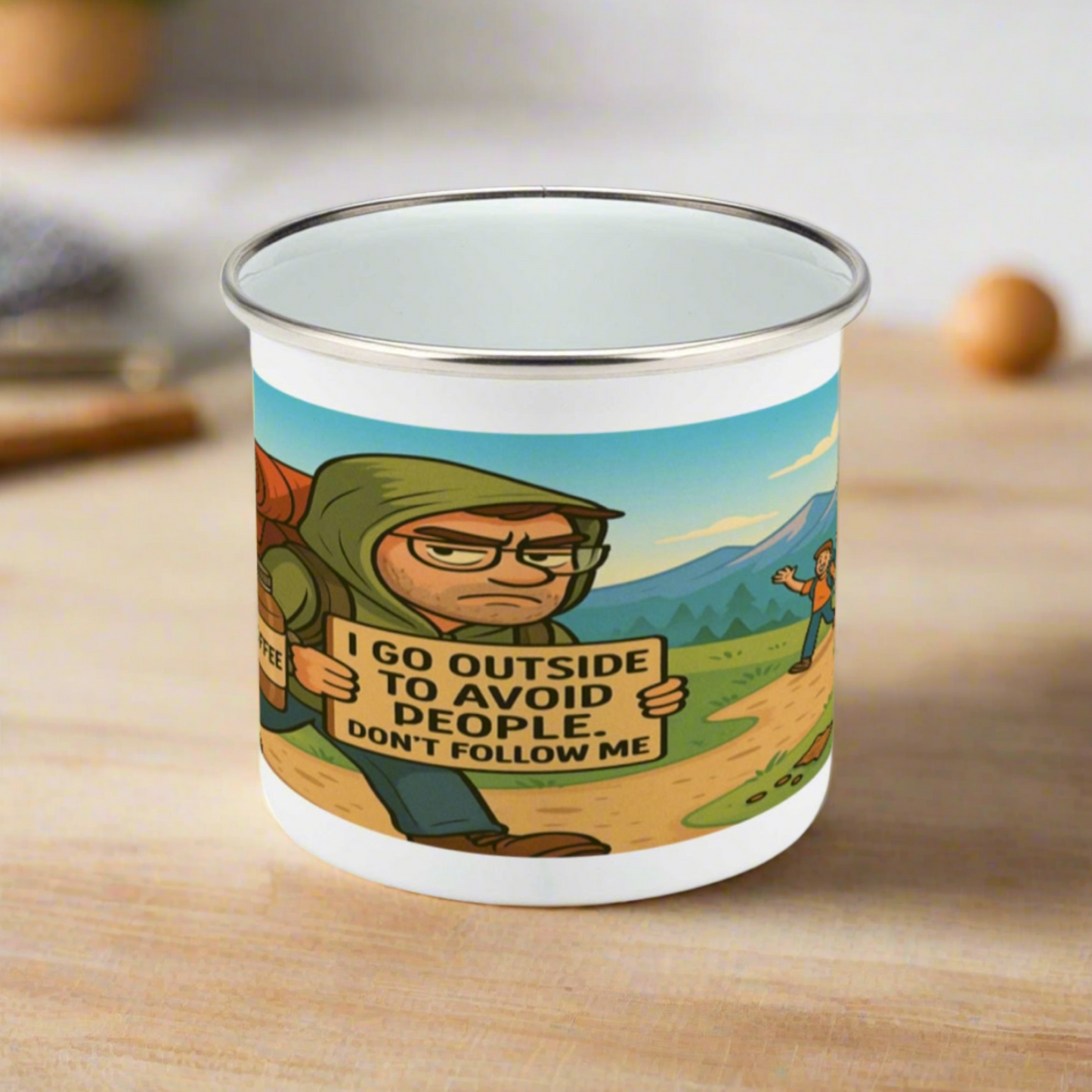 I Go Outside to Avoid People enamel mug for him - The Obese Hiker