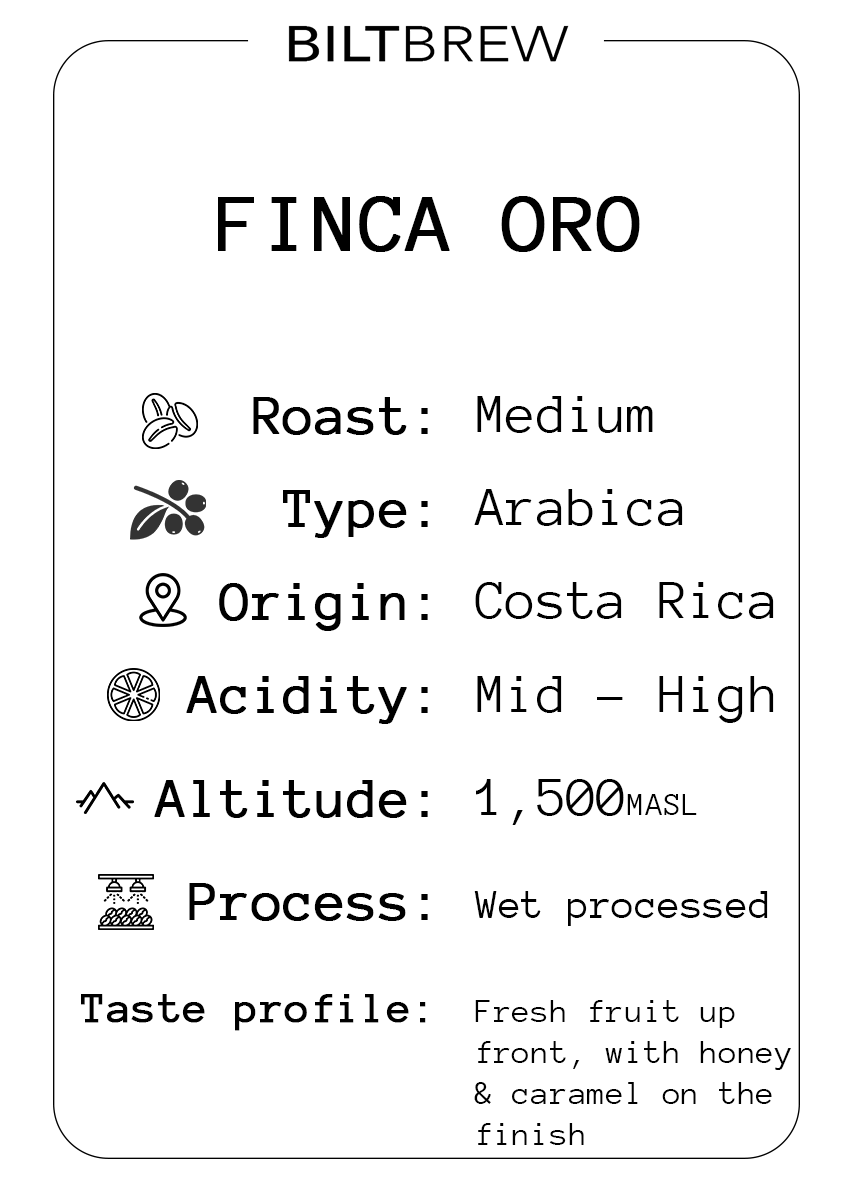 Biltbrew Finca Oro coffee label with details on roast, type, origin, acidity, altitude, process, and taste profile.