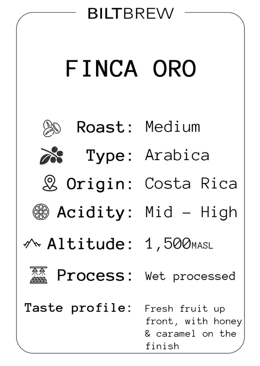 Biltbrew Finca Oro coffee label with details on roast, type, origin, acidity, altitude, process, and taste profile.