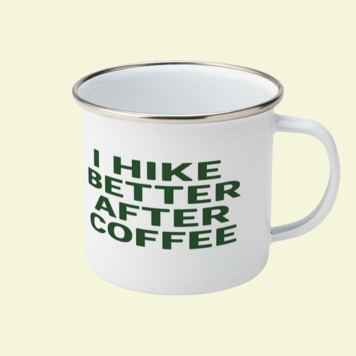 I Hike Better After Coffee coffee mug for outdoorsy men - enamel style