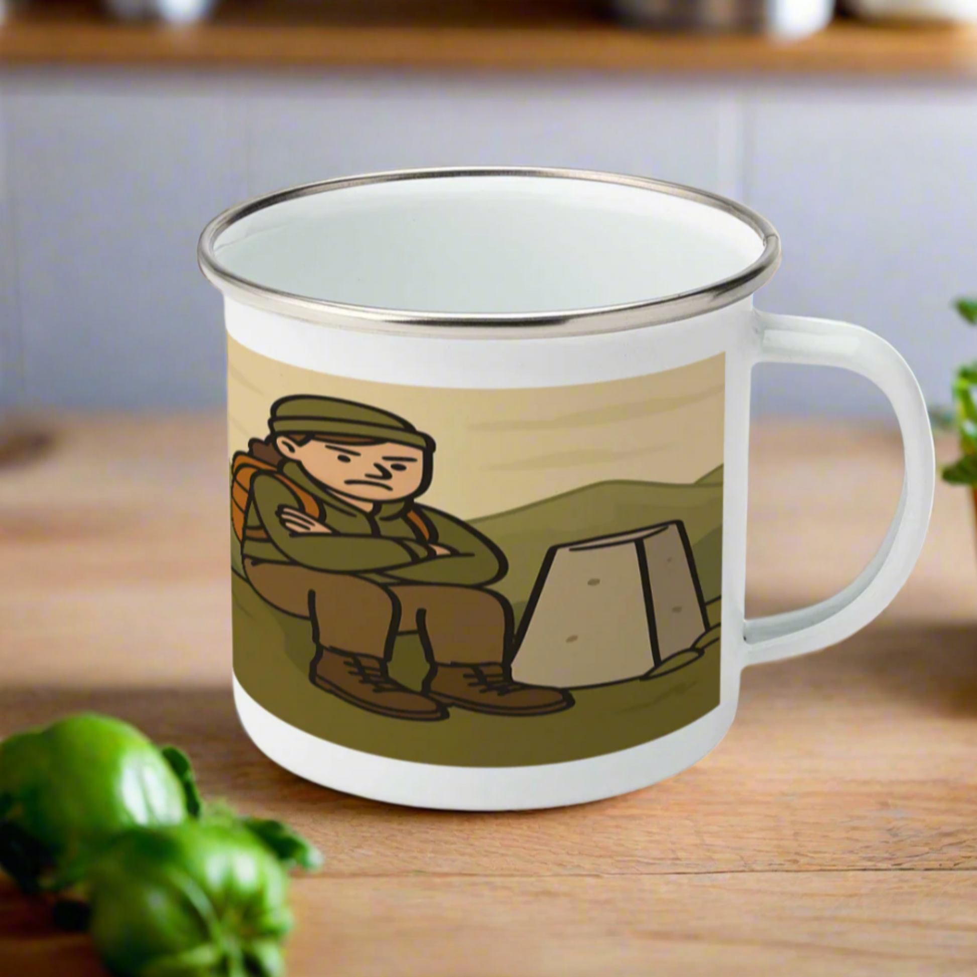 White enamel mug with silver rim, printed with 'I climb mountains because punching people is frowned upon', funny gift for women hikers