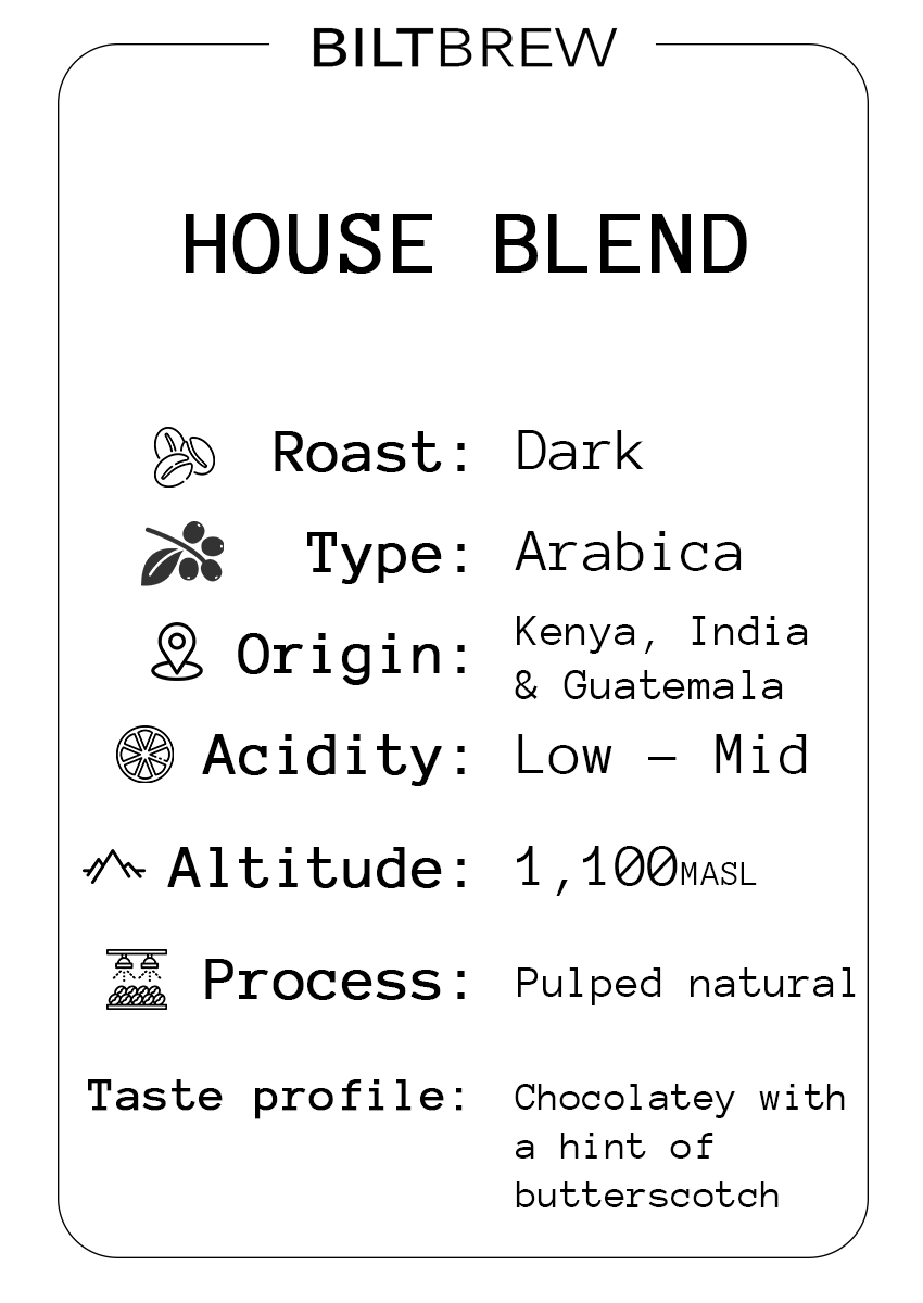Biltbrew House Blend coffee label with details on roast, type, origin, acidity, altitude, process, and taste profile.
