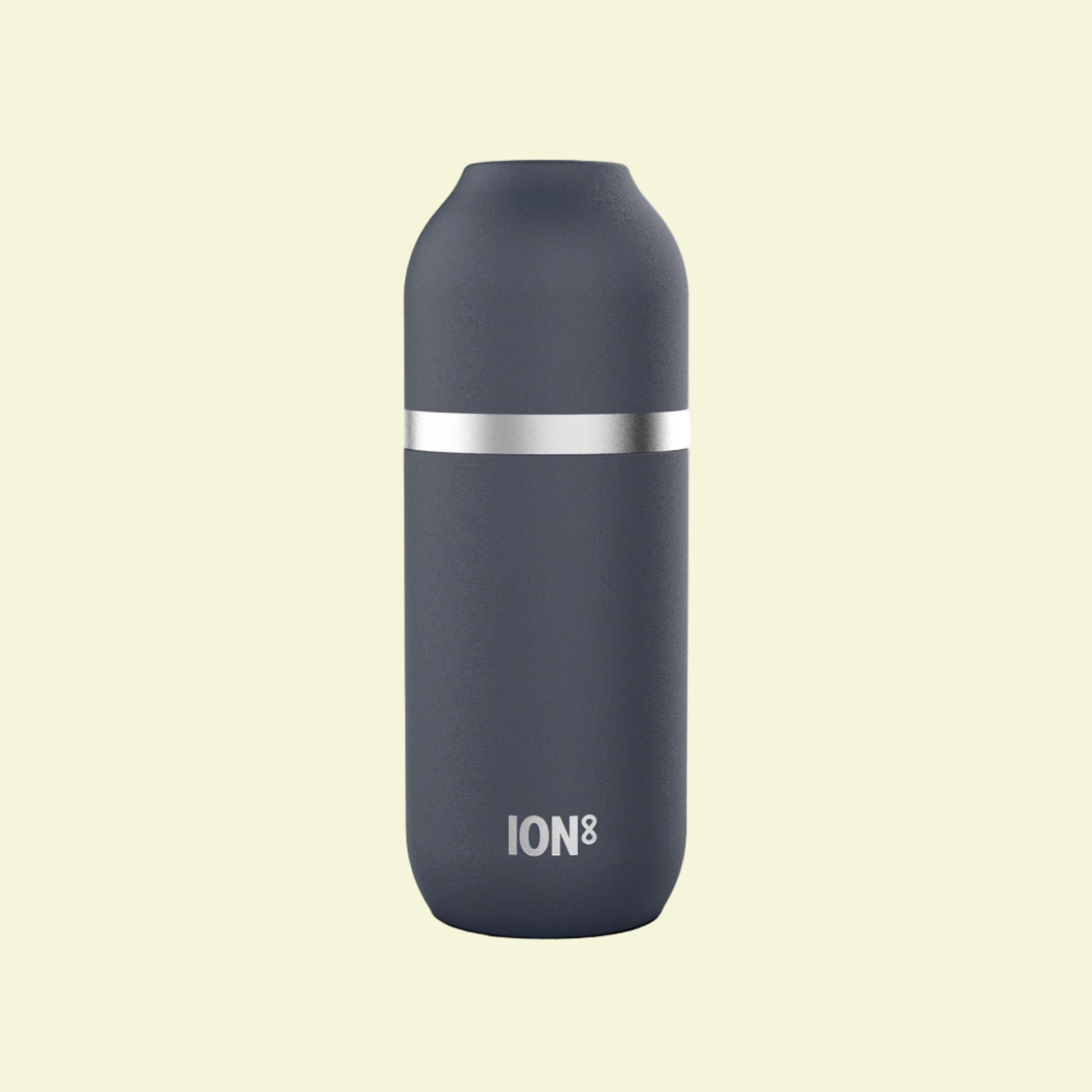 Gray insulated bottle with silver band on a white background