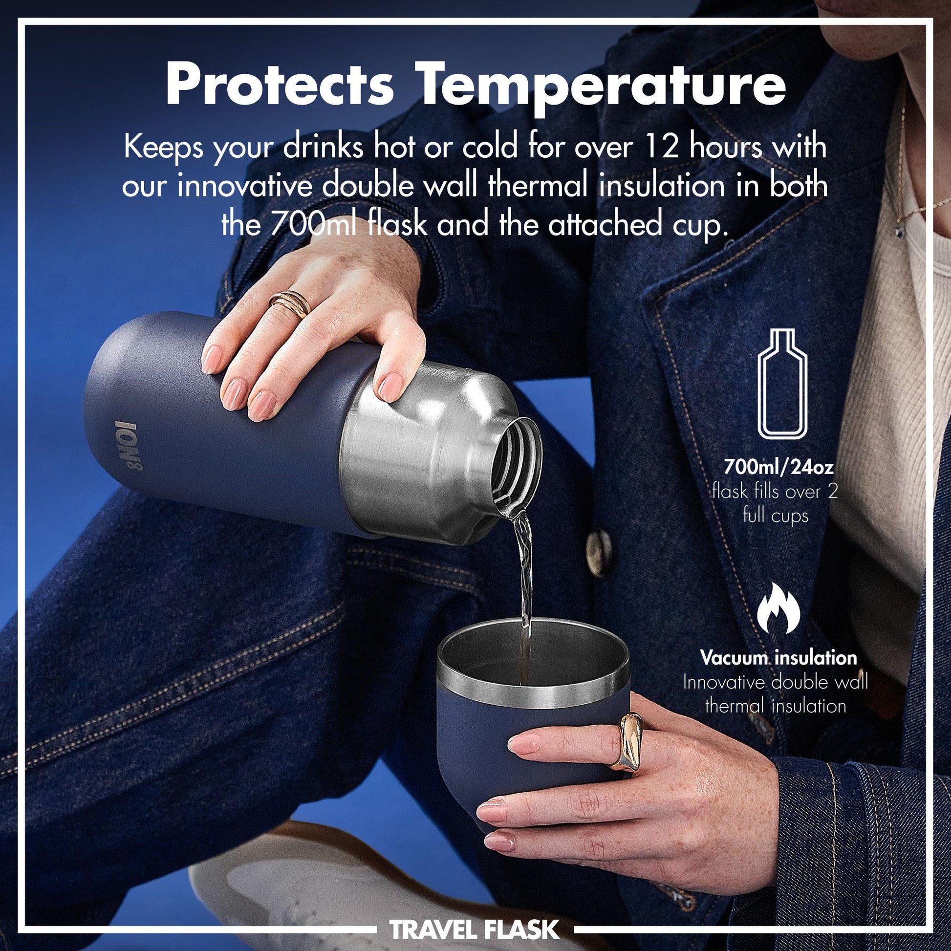 Person pouring liquid from a travel flask into a cup with text about temperature protection and insulation.