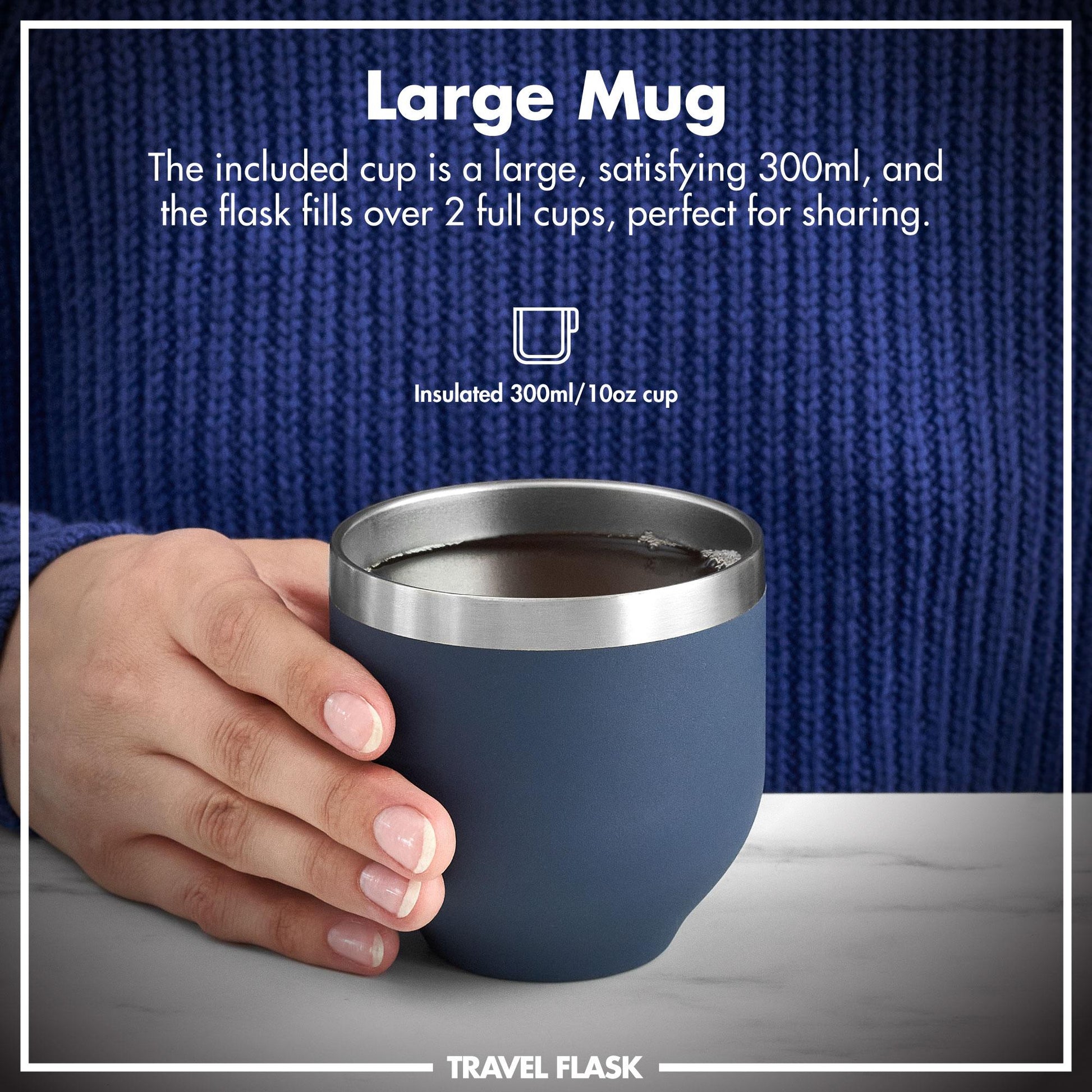 Hand holding a blue insulated mug with text about its capacity and use.