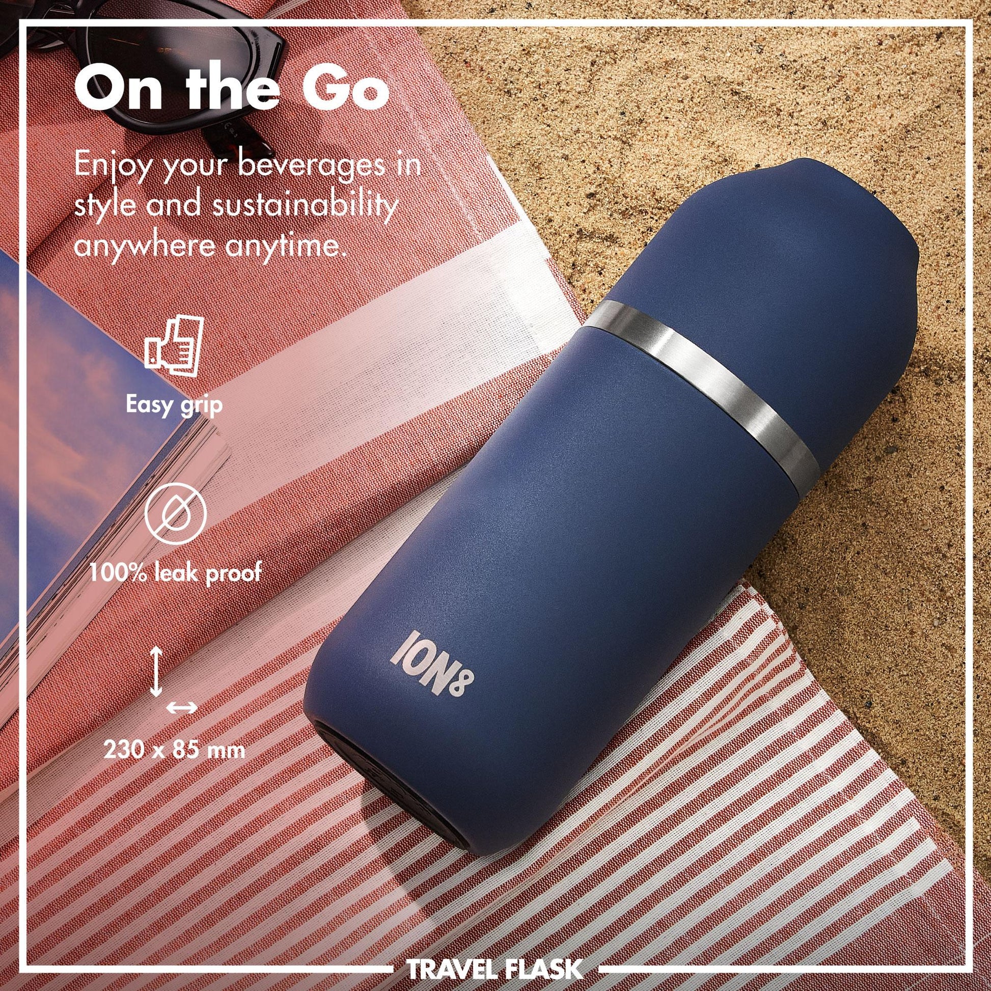Blue travel flask with silver band on a striped fabric background, featuring text about its features.